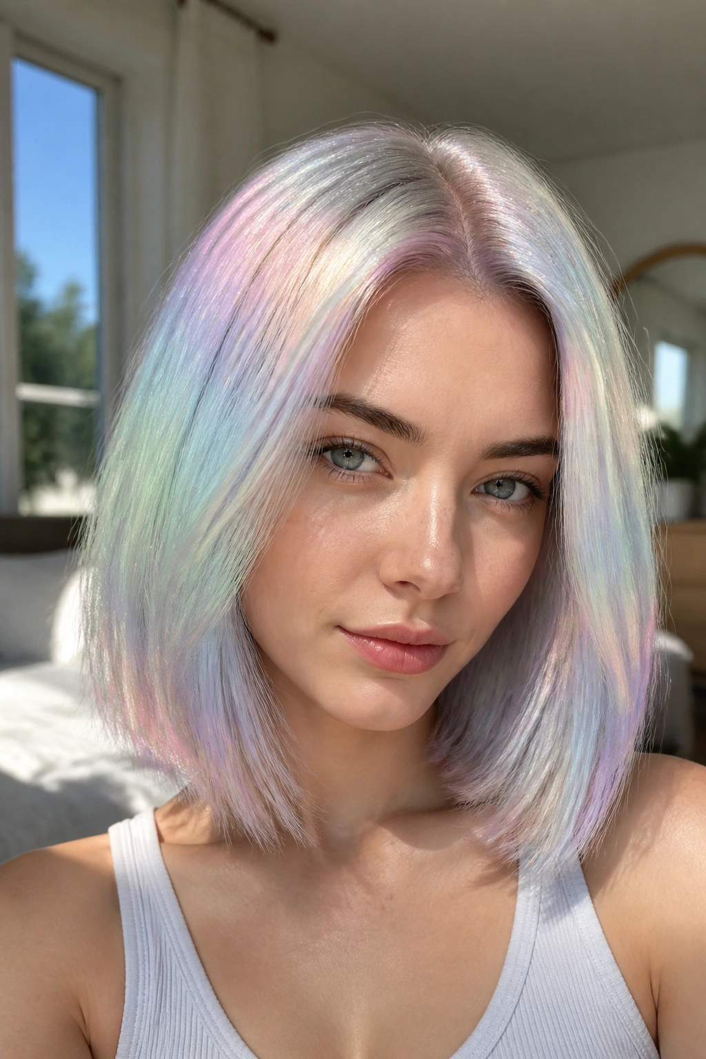Close-up portrait of a real person with holographic silver hair and pastel rainbow sheen in bright natural light.