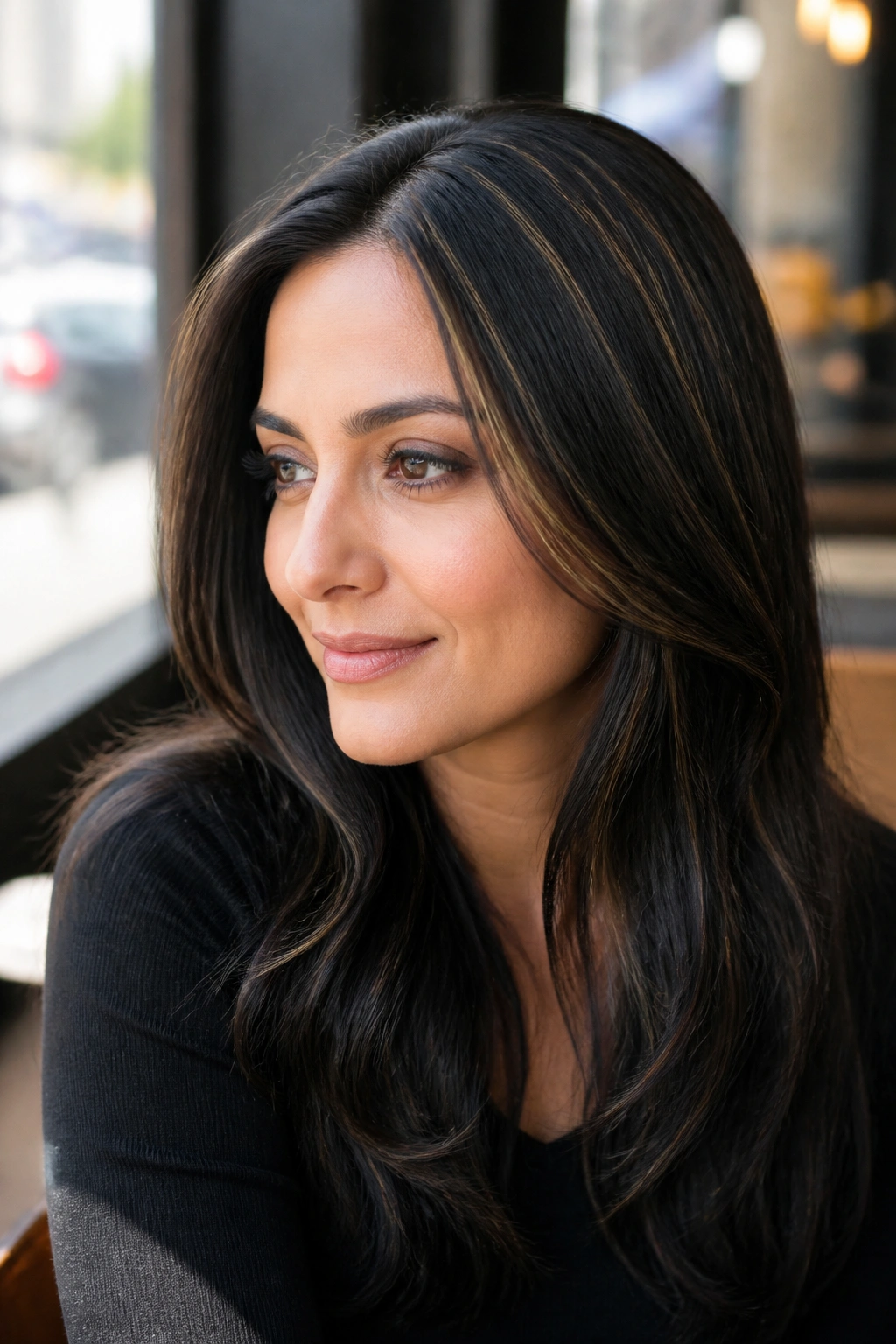 Close-up portrait of a real woman with shiny black hair and honey babylights around the crown