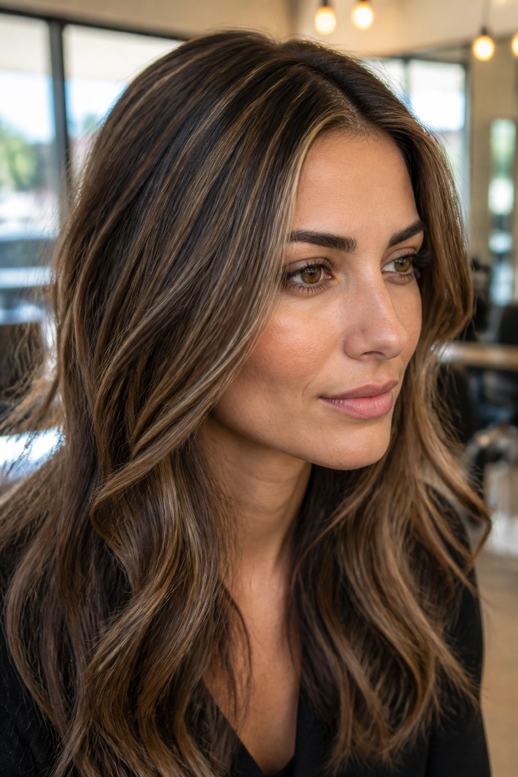 Close-up of a brunette with honey babylights around crown and front hairline.