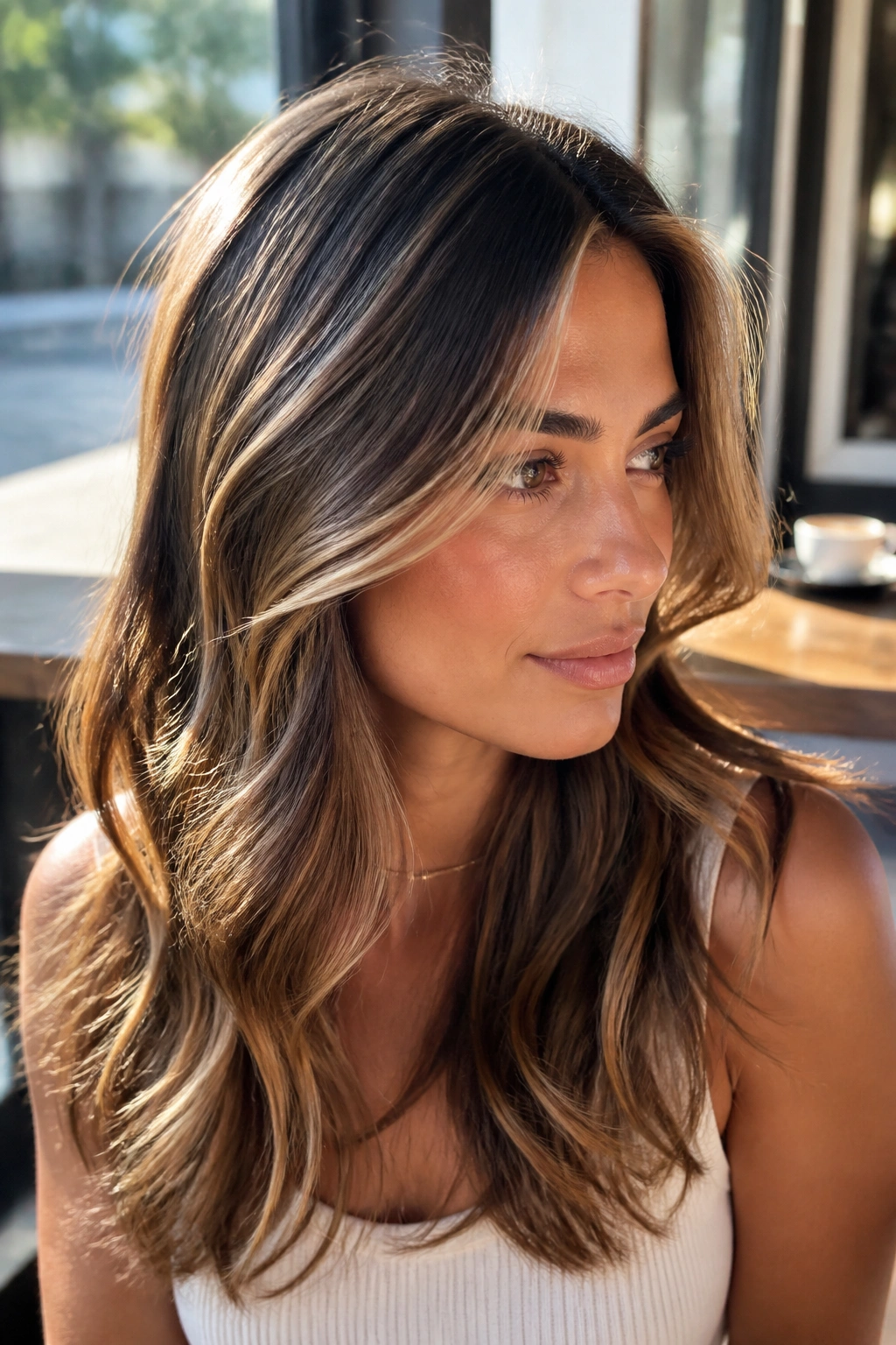 Close-up of brown hair with subtle honey babylights at crown and hairline.