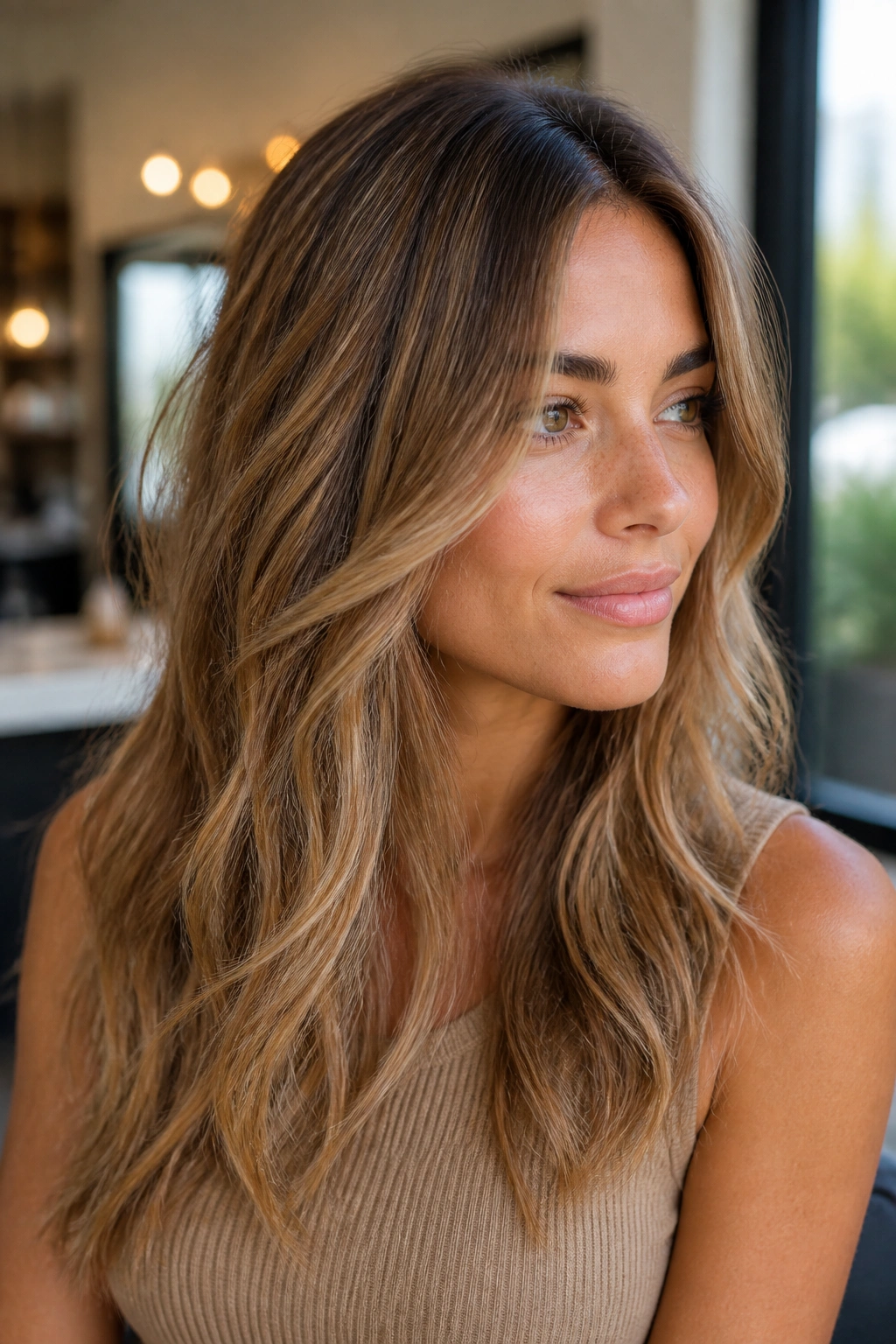 Close-up of hair with fine honey babylights in soft salon lighting