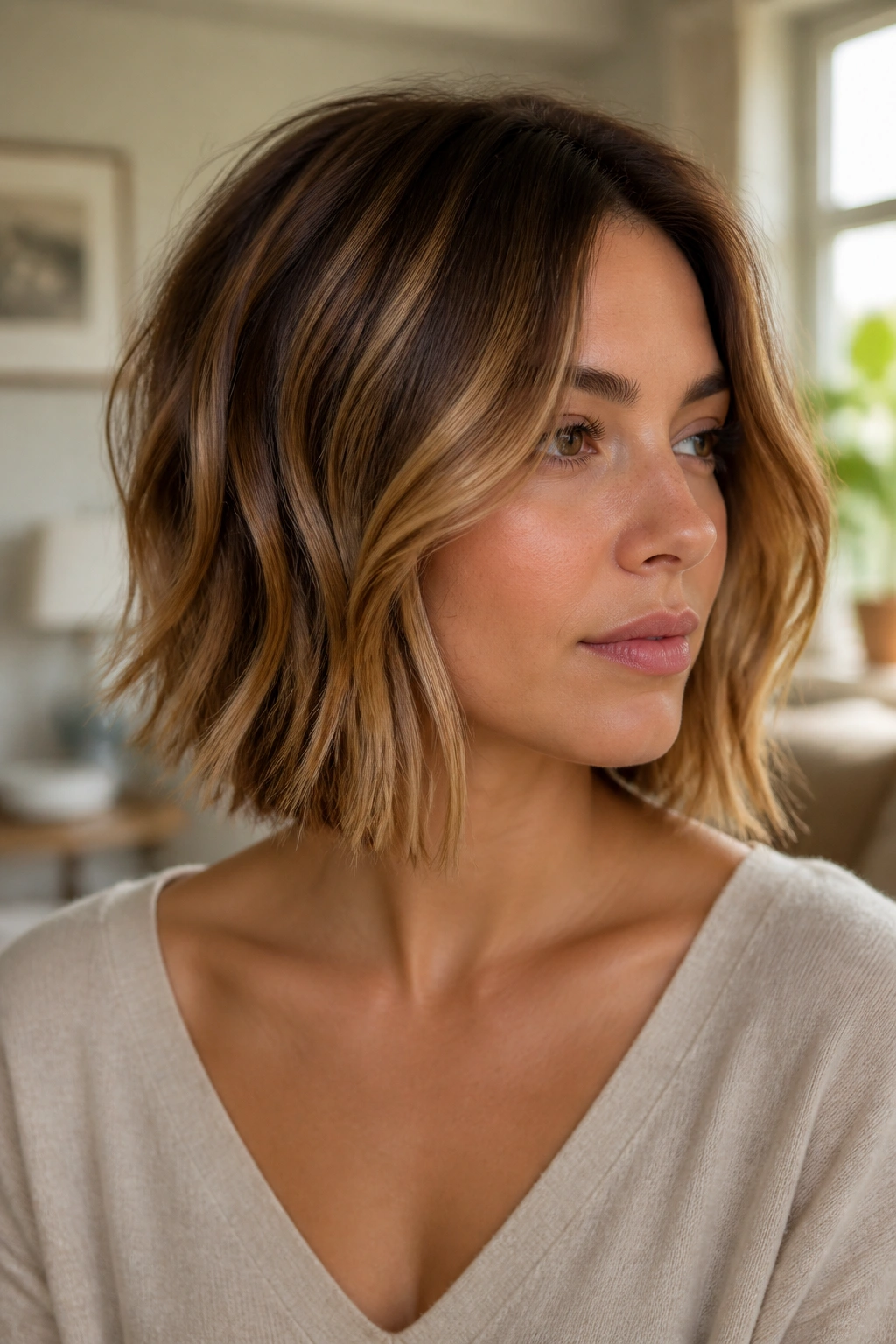 Close-up of honey balayage on a blunt bob