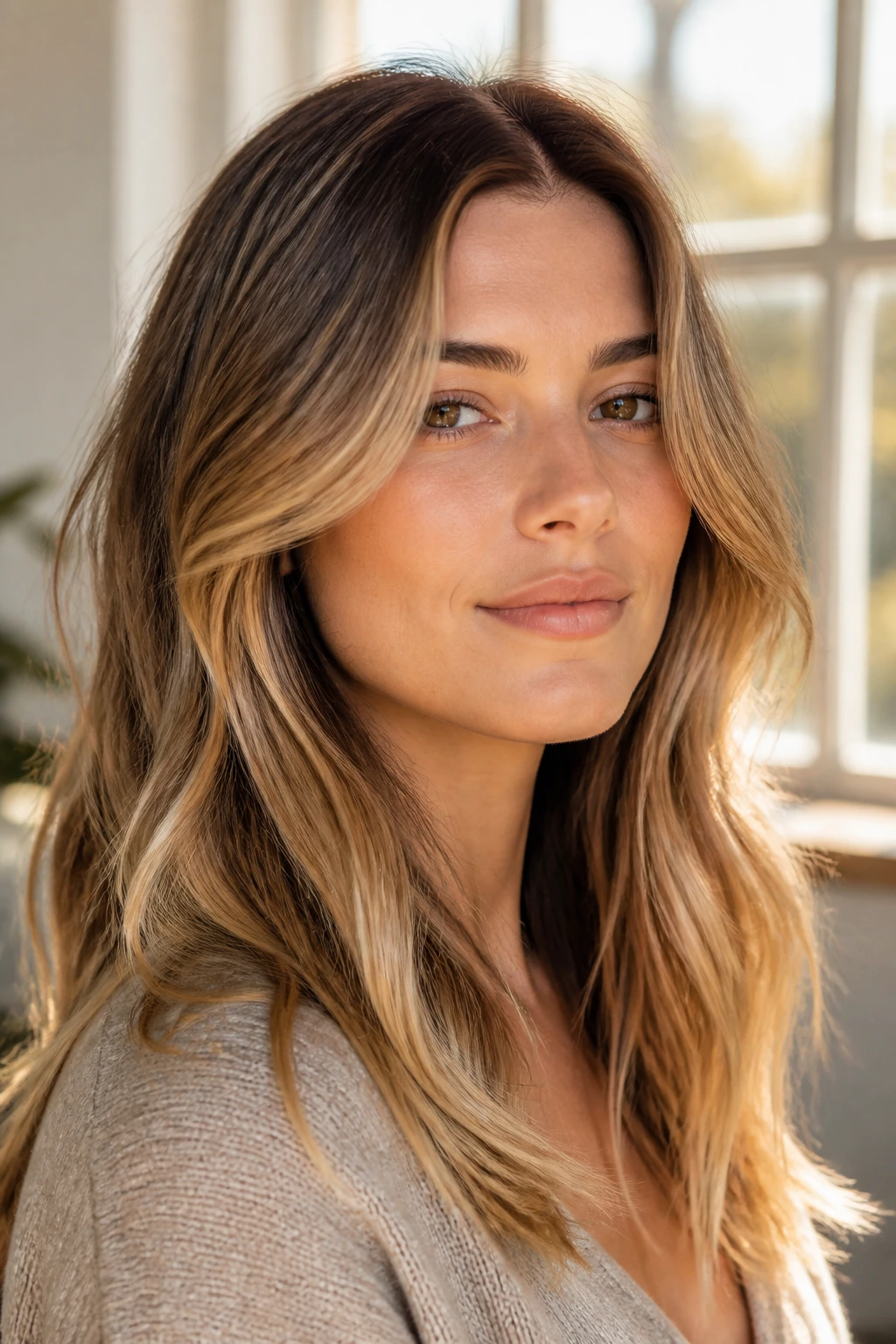 Close-up of a real woman with brown hair and honey balayage highlights