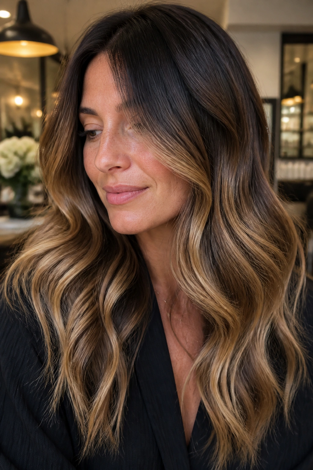 Close-up of real woman with dark brunette base and honey balayage, soft waves.