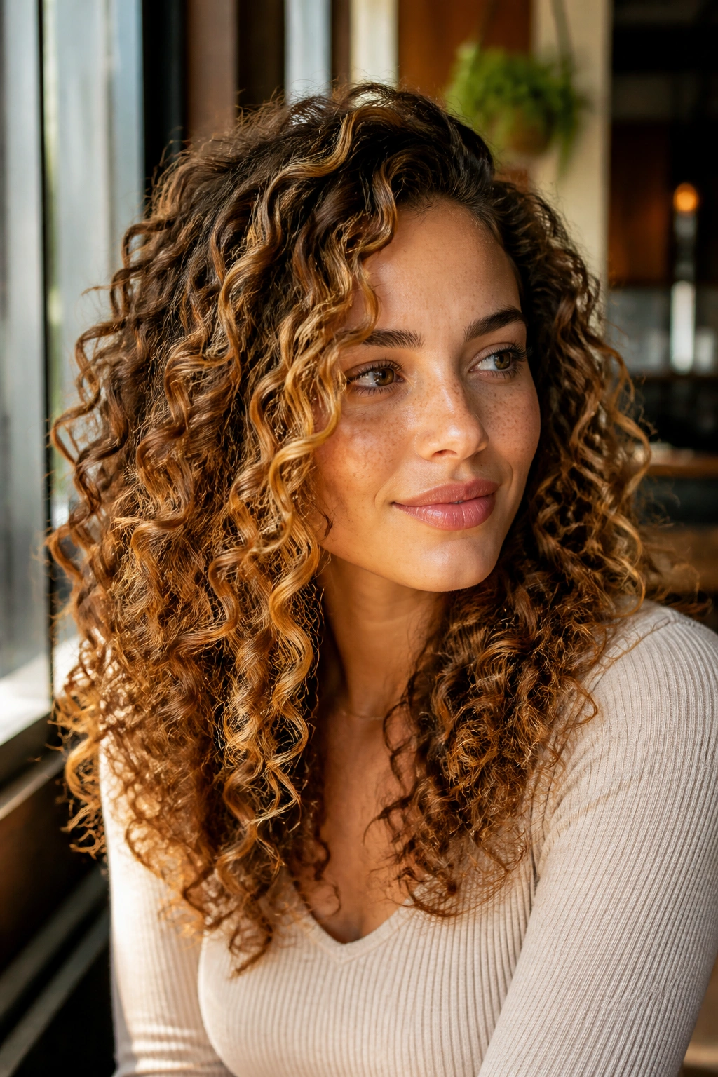Close-up of chestnut curls with honey balayage near the face