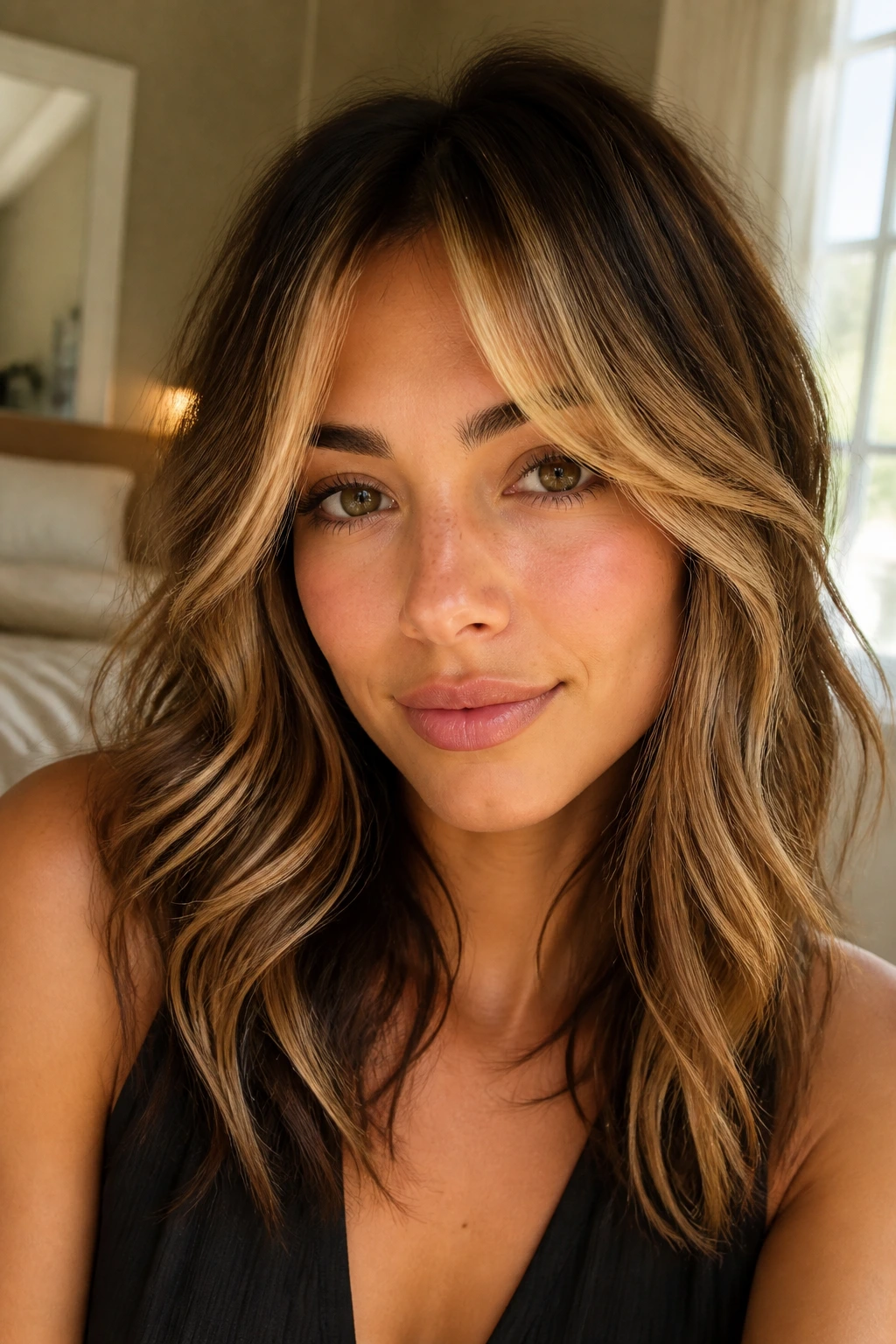 Close-up portrait of a real woman with honey balayage and curtain bangs framing her face