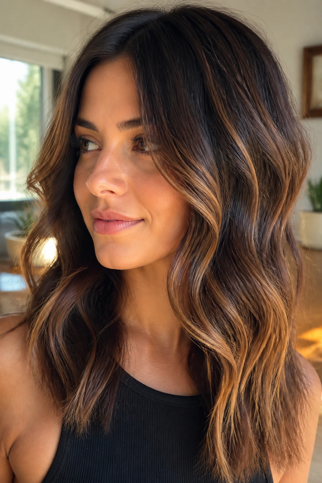 Close-up of a real woman with espresso brown hair and honey ribbons throughout the mid-lengths.
