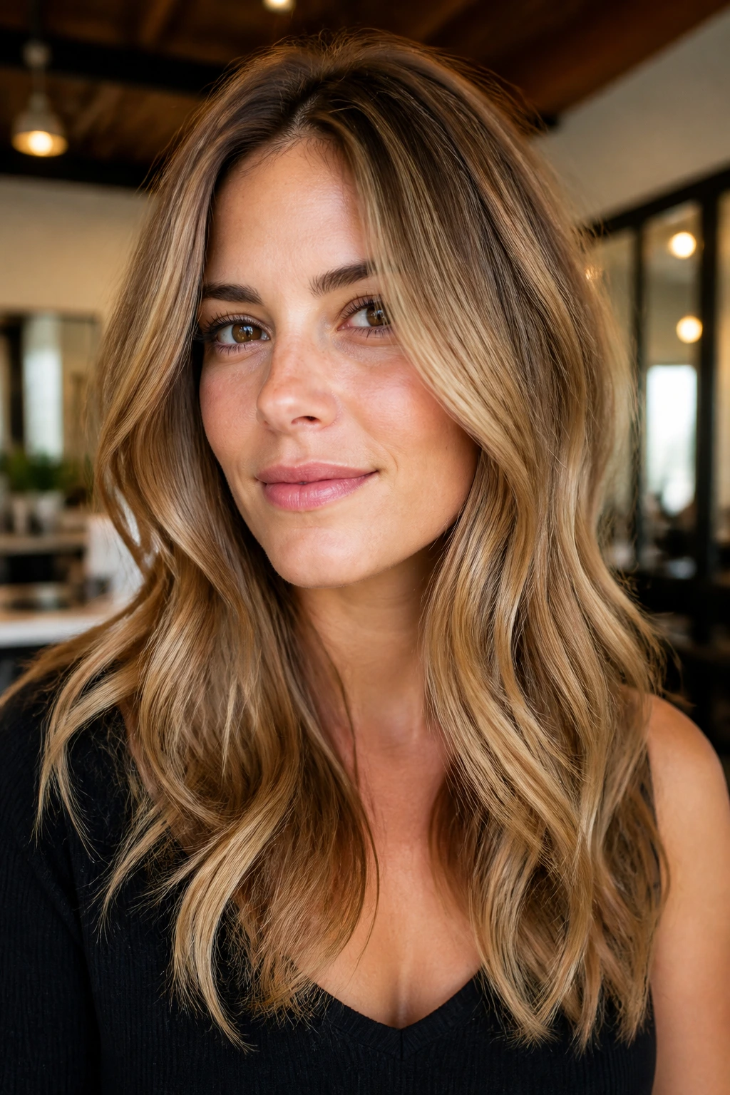 Close-up of a real woman with honey balayage highlights for density and shine