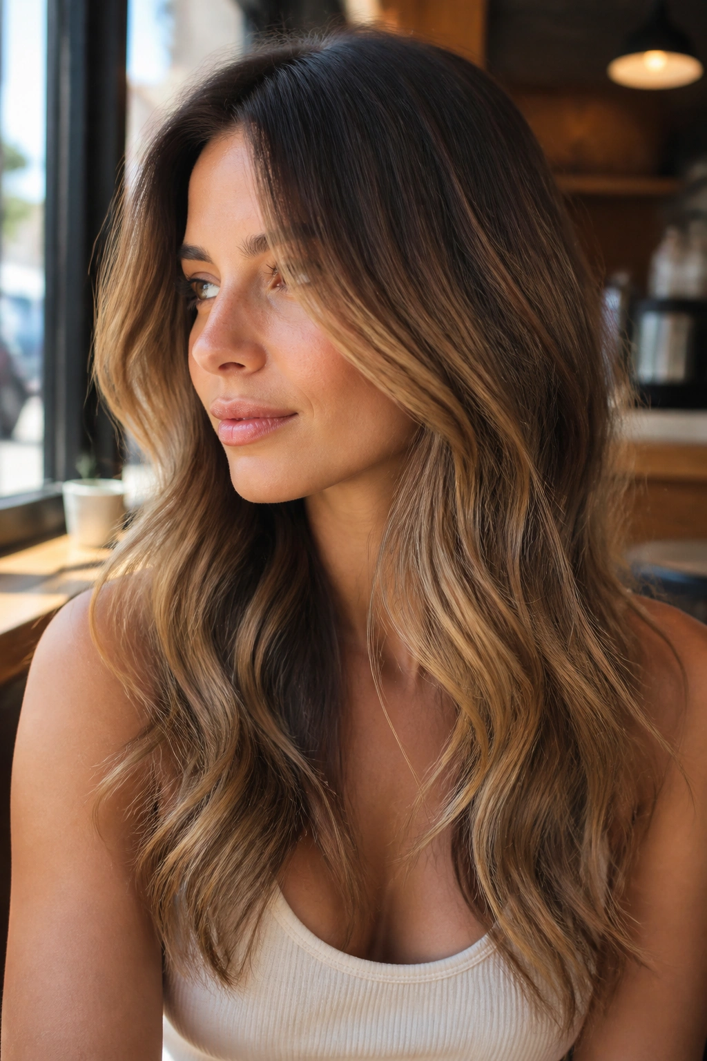 Close-up of real woman with honey beige balayage in sunlit cafe light