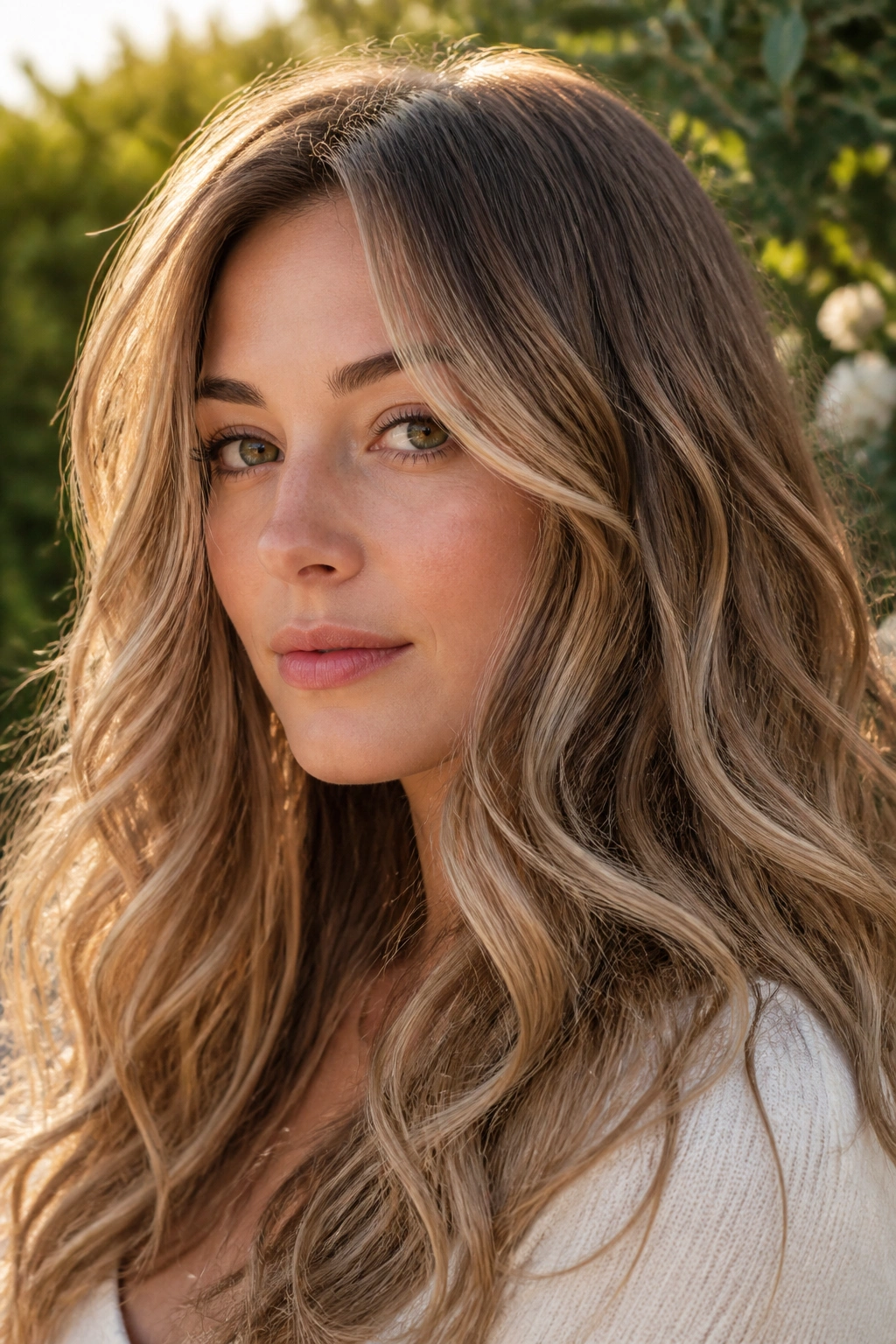Close-up of a real woman with honey beige balayage in sunlit garden light