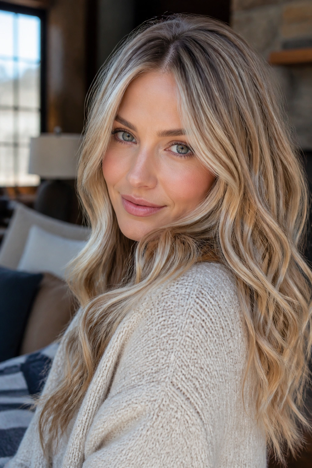 Close-up portrait of a real woman with honey-beige blonde hair in soft waves under warm winter lighting