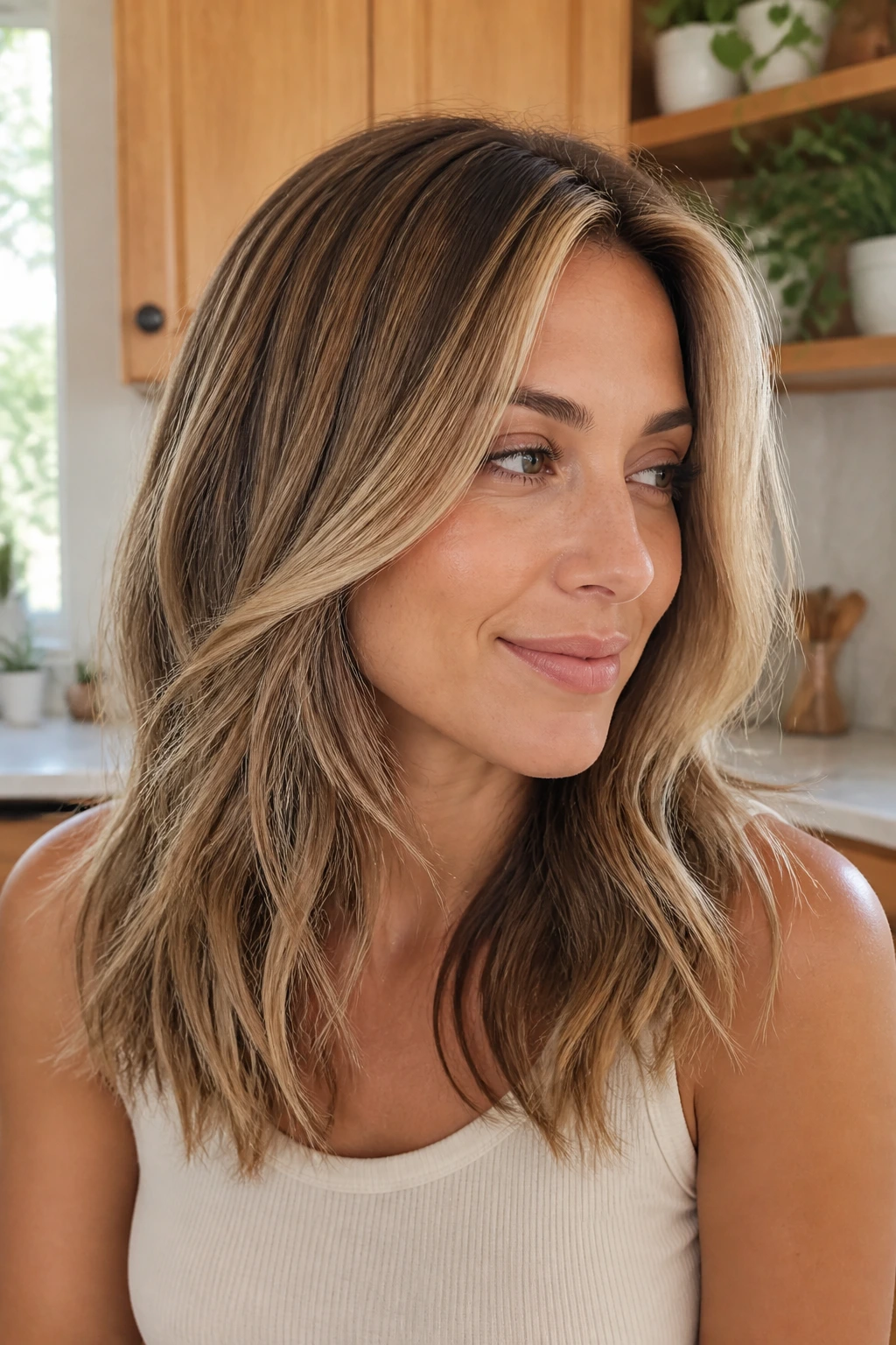 Close-up of a real woman with honey beige weave highlights