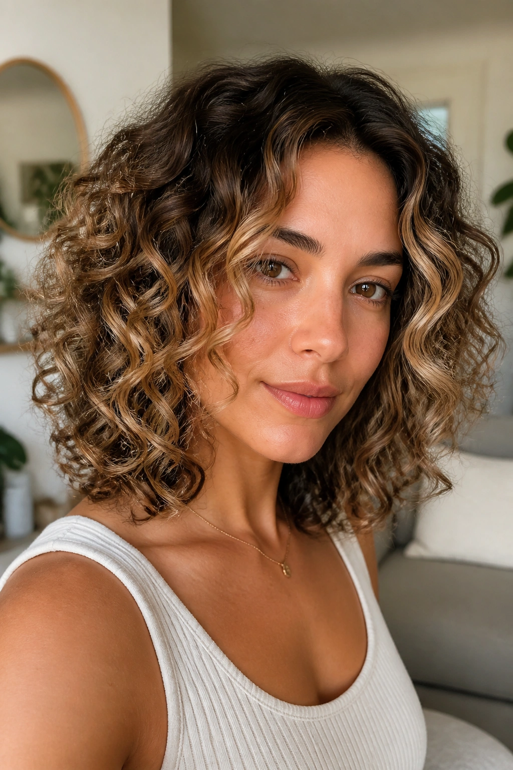 Close-up of a real woman with shoulder-length curls and honey beige ribbons framing the face