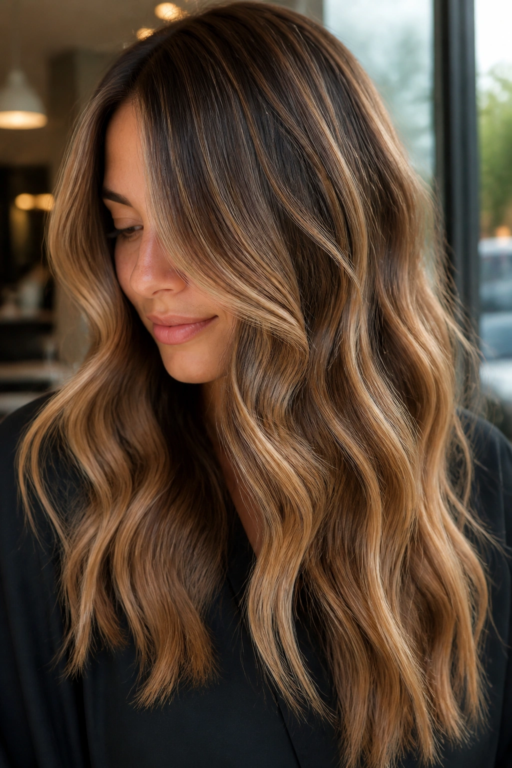 Brunette with subtle honey blonde babylights for a brighter, natural look