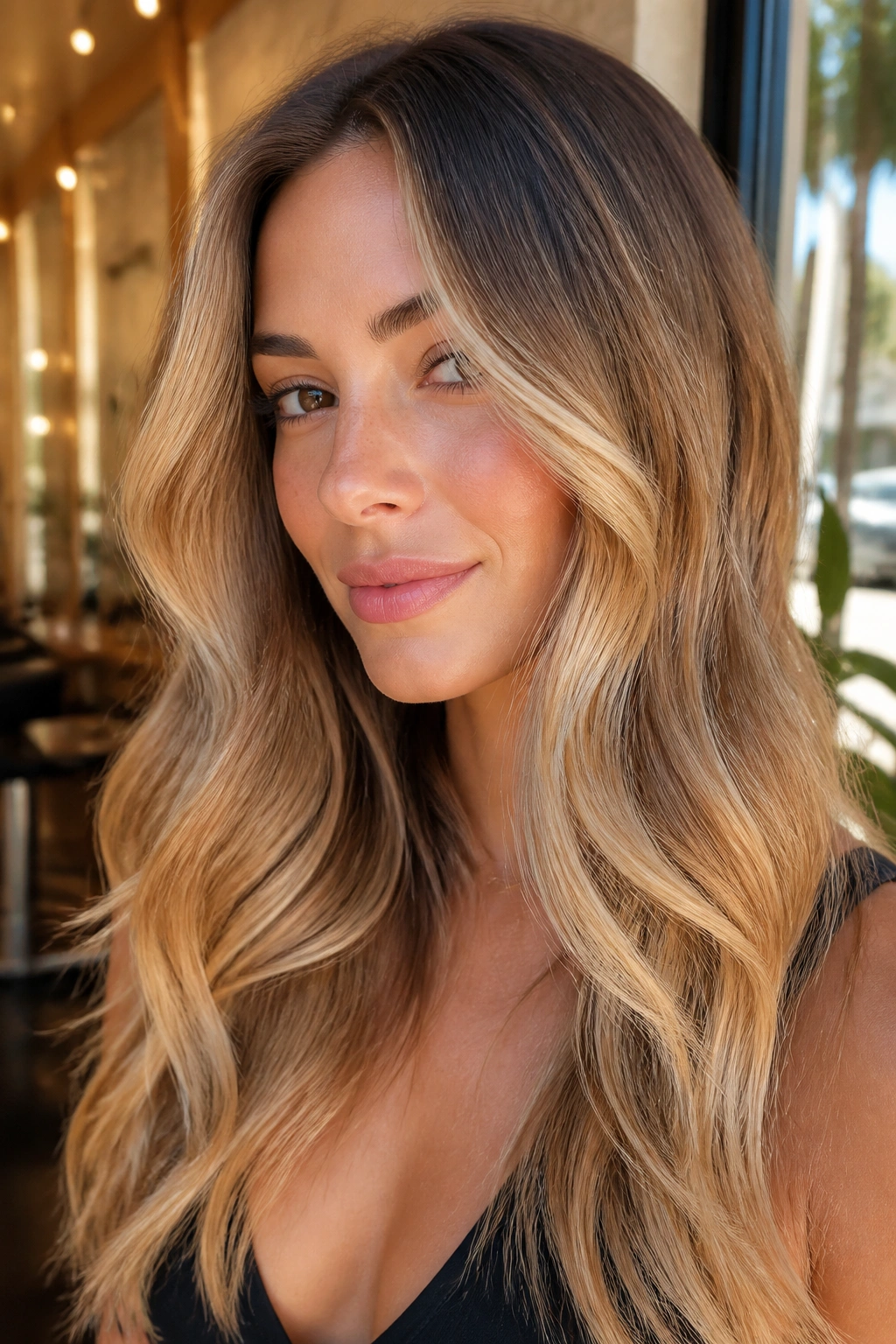 Close-up of honey blonde balayage with sun-kissed ribbons framing the face