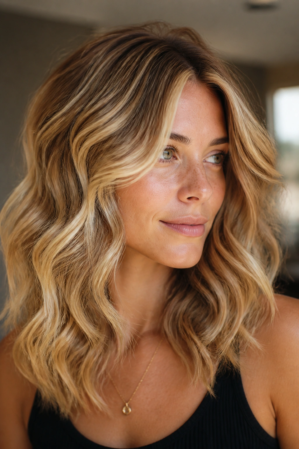 Close-up of a real person with honey blonde bleach blend and warm root highlights.