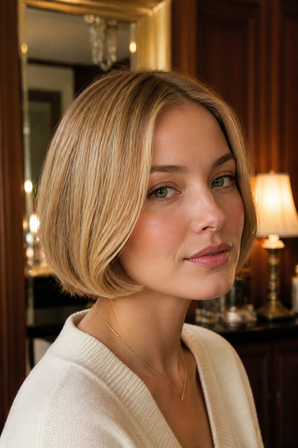 Close-up portrait of a real woman with a honey blonde bob and tucked-under ends