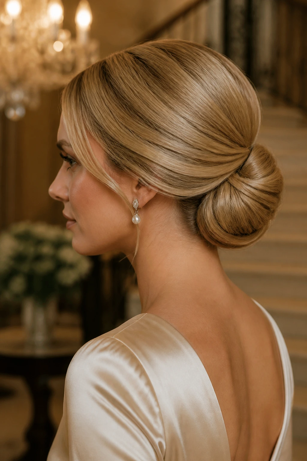 3/4 profile of a real woman with a glossy honey blonde chignon