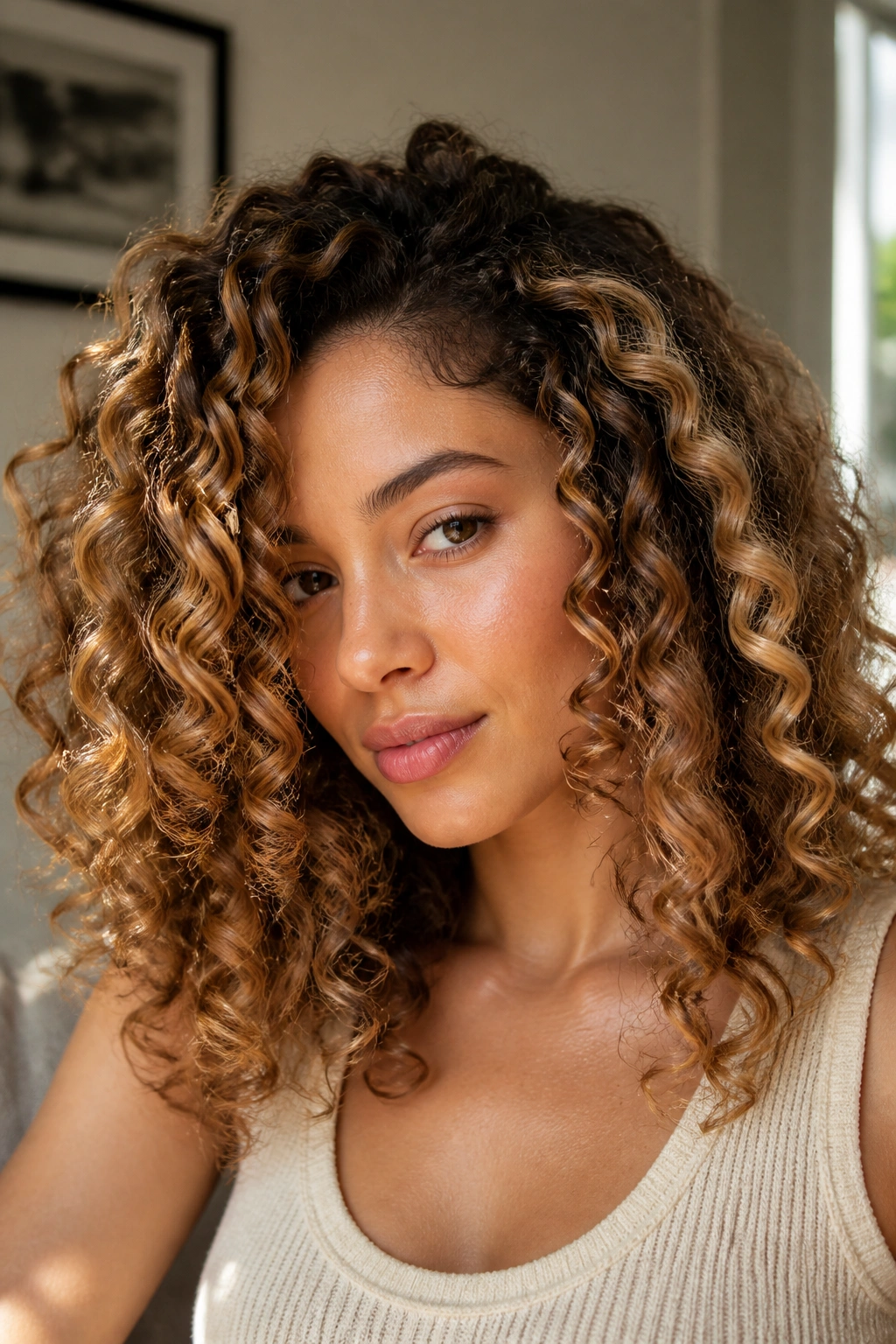 Close-up of curly hair with honey blonde ribbon highlights.