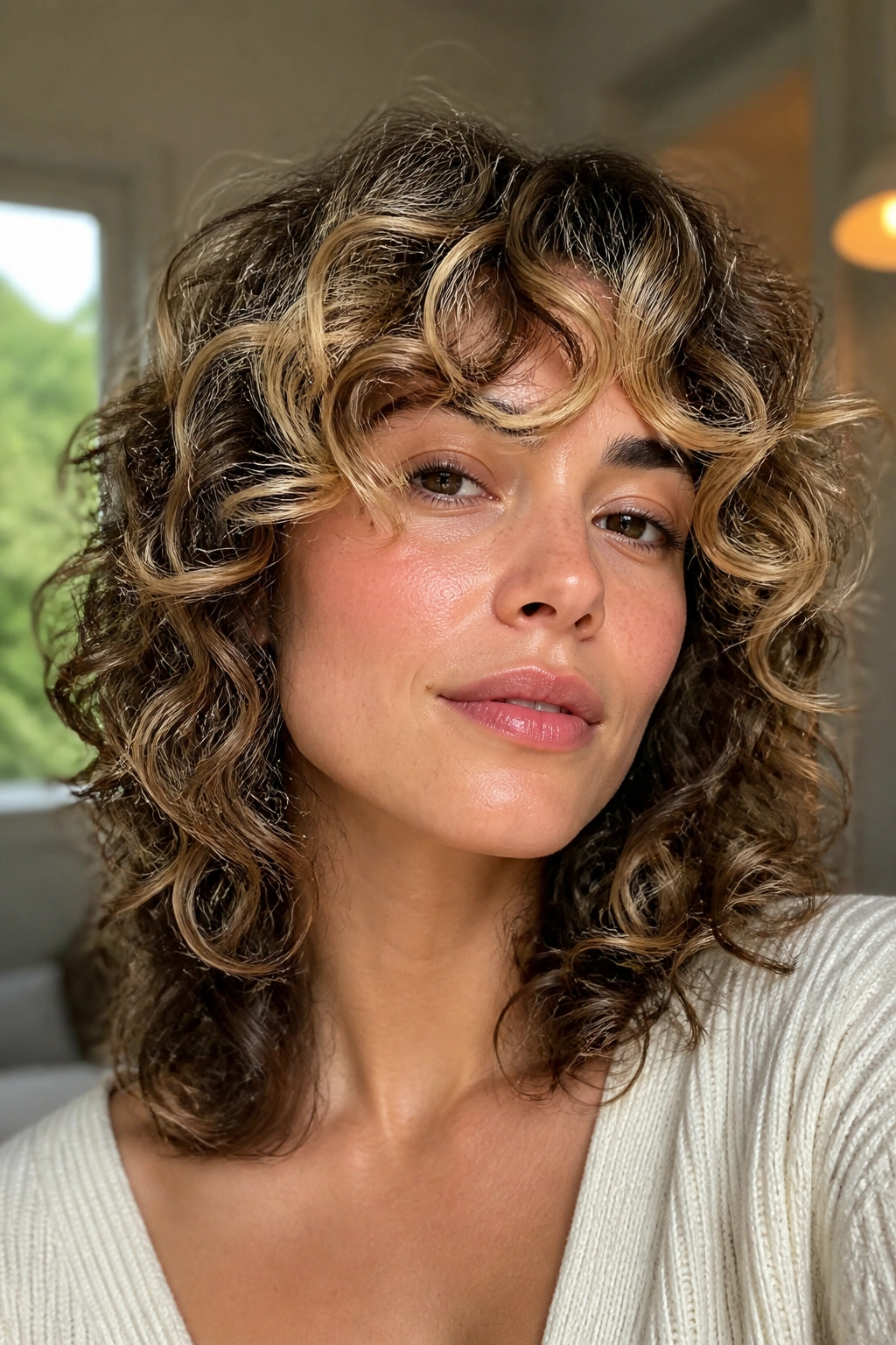 Close-up portrait of a real woman with honey blonde chunky highlights on curly shag