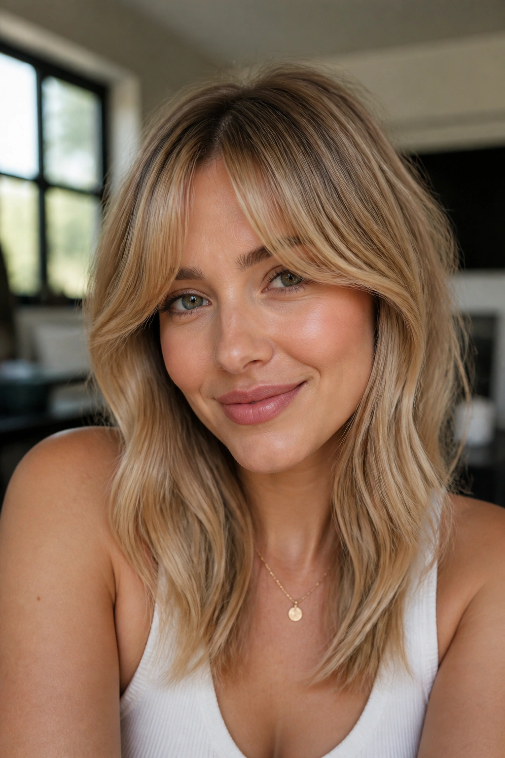 Close-up of a real woman with honey blonde color and curtain bangs in natural light.