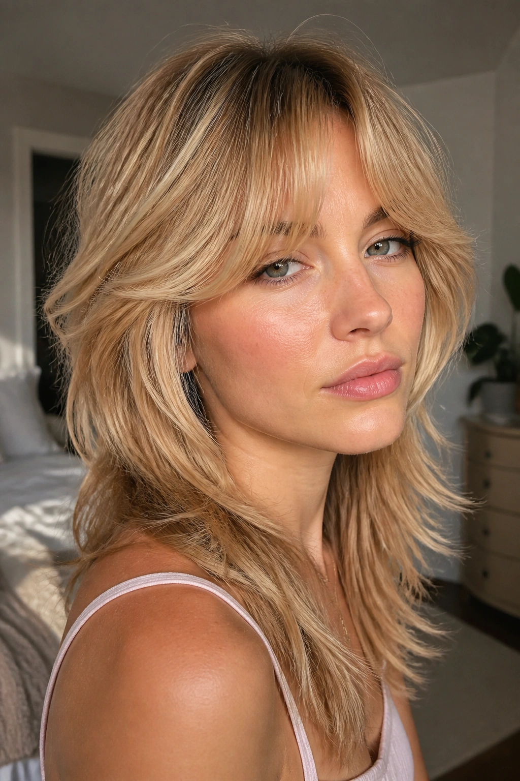 Close-up portrait of a real woman with a honey blonde curtain-bang wolf cut