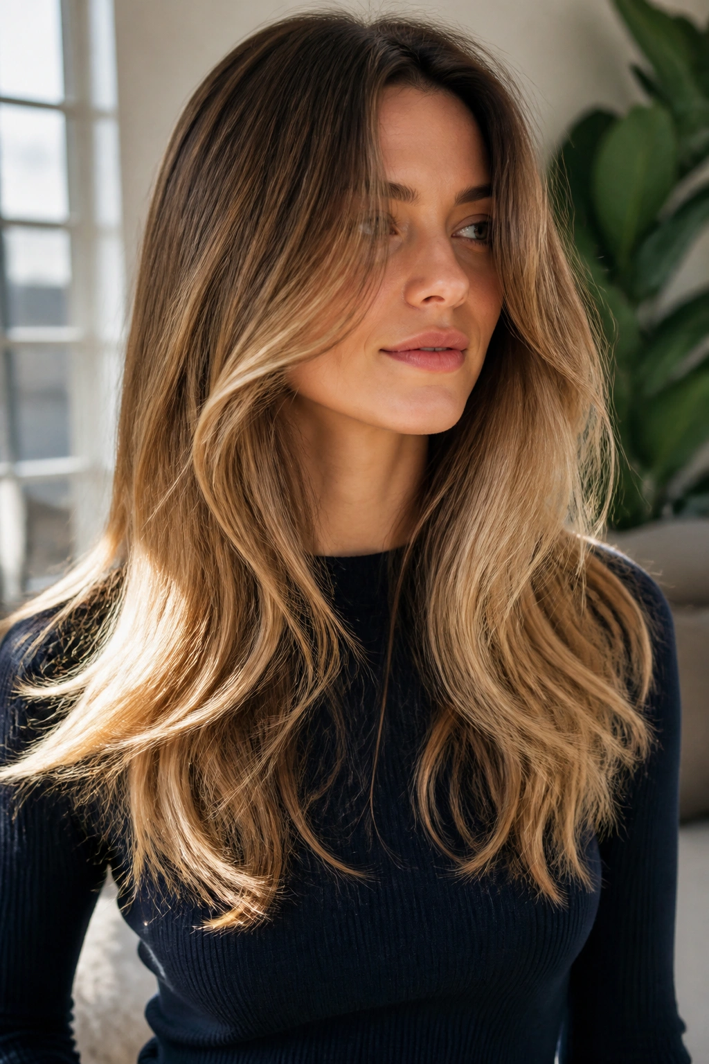 Portrait of a real person with long layered hair ending in honey blonde