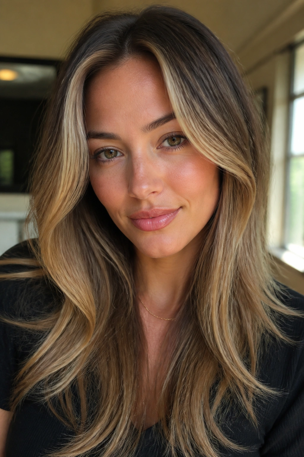 Close-up of real woman with honey blonde face-frame highlights around the face