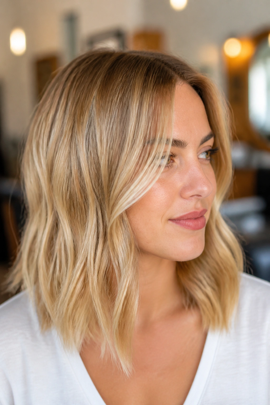 Close-up portrait of a real woman with glossy honey blonde hair refreshed by gloss