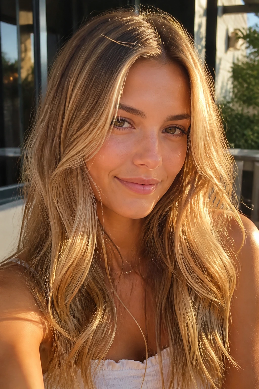 Close-up portrait of a real person with honey blonde hair in golden hour light