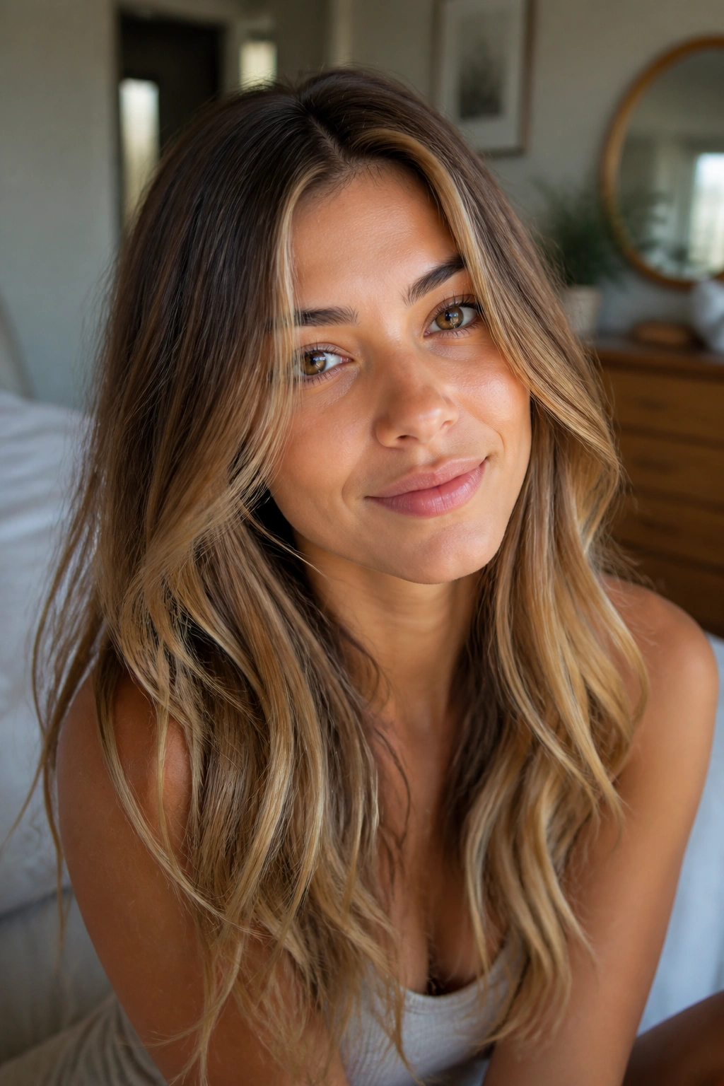 Close-up of a real woman showing honey-blonde highlights framing the face in natural window light