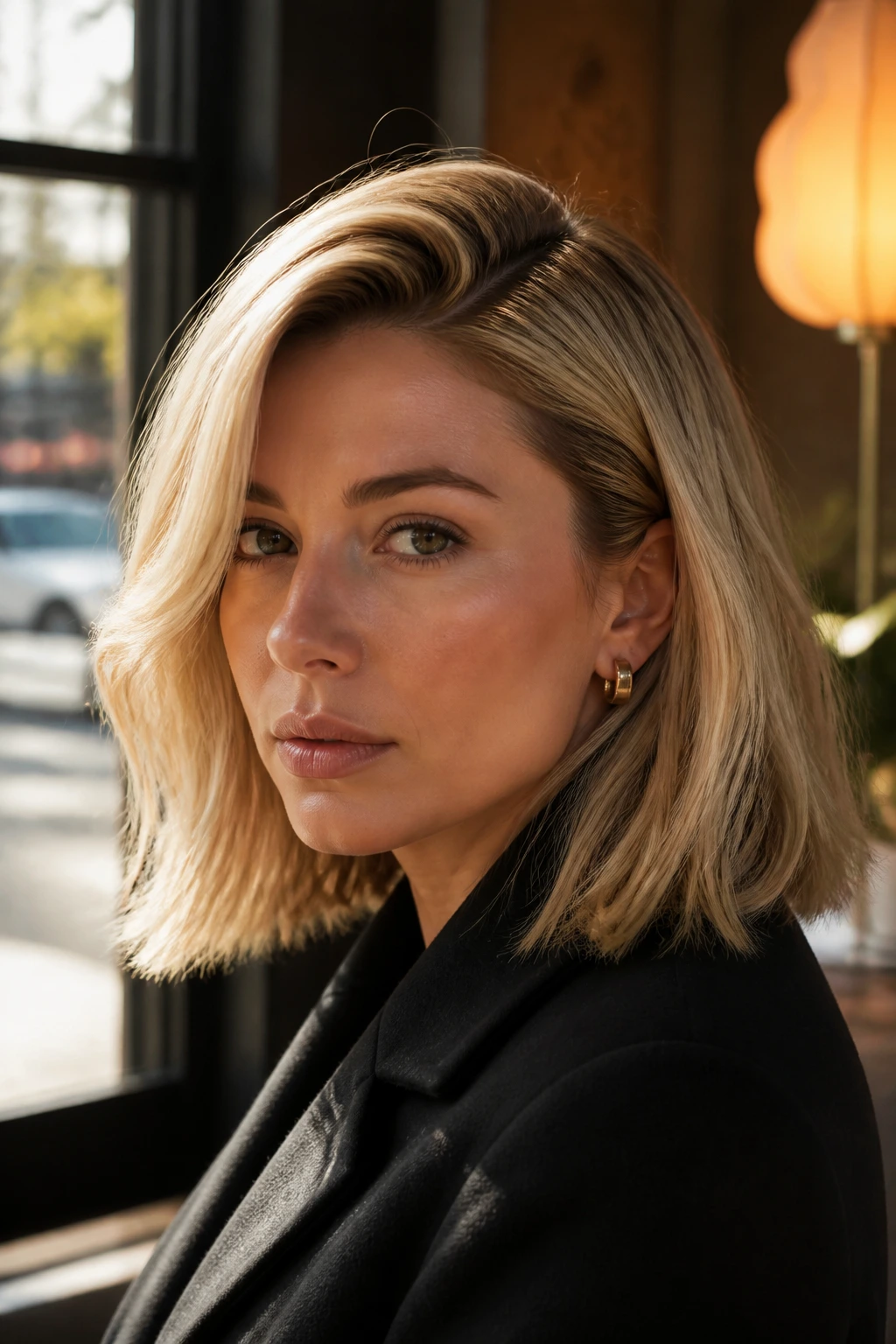 Close-up portrait of a real woman with a deep side-parted honey blonde lob