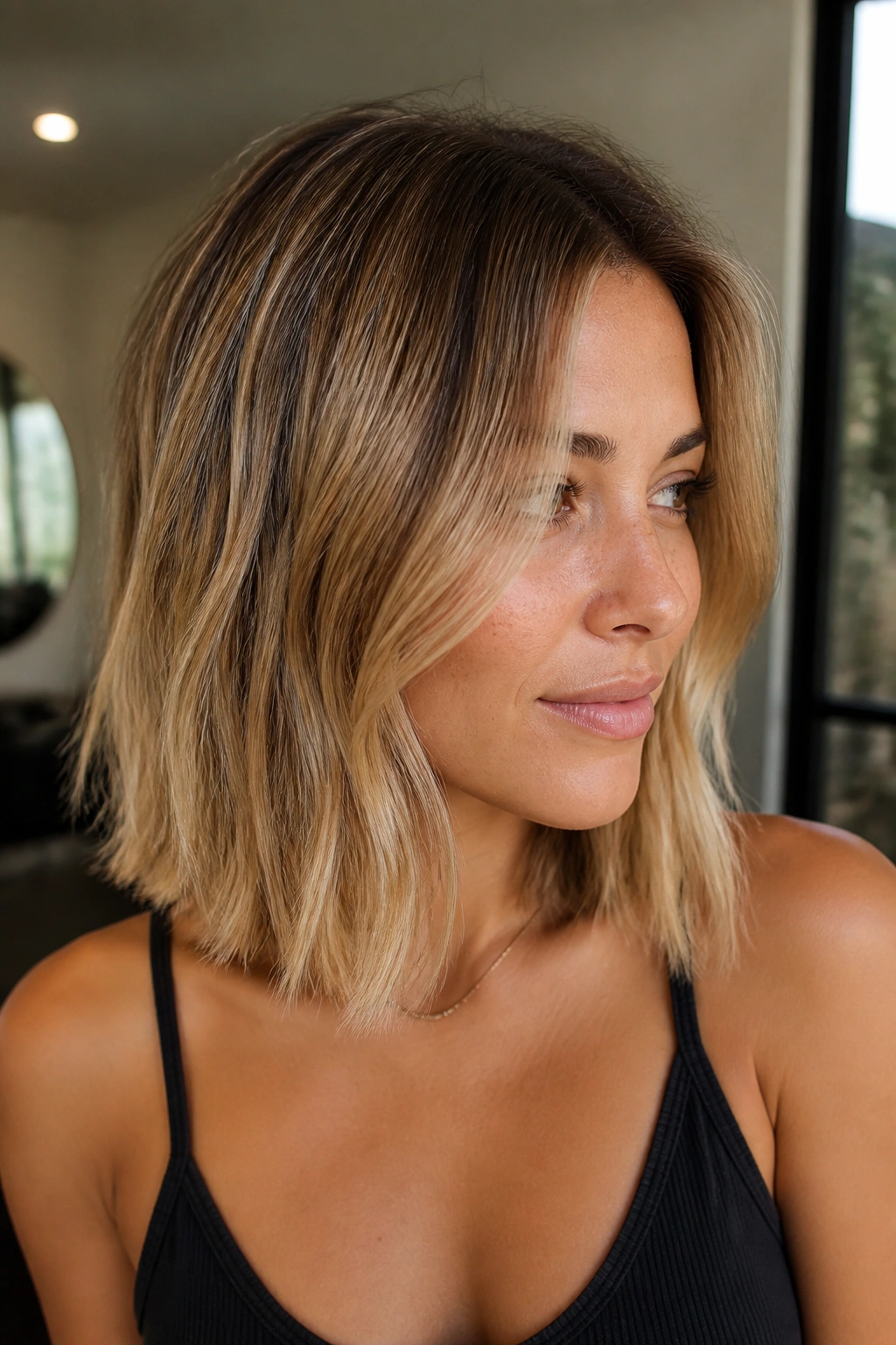Portrait of woman with soft honey blonde lob and shadow root.
