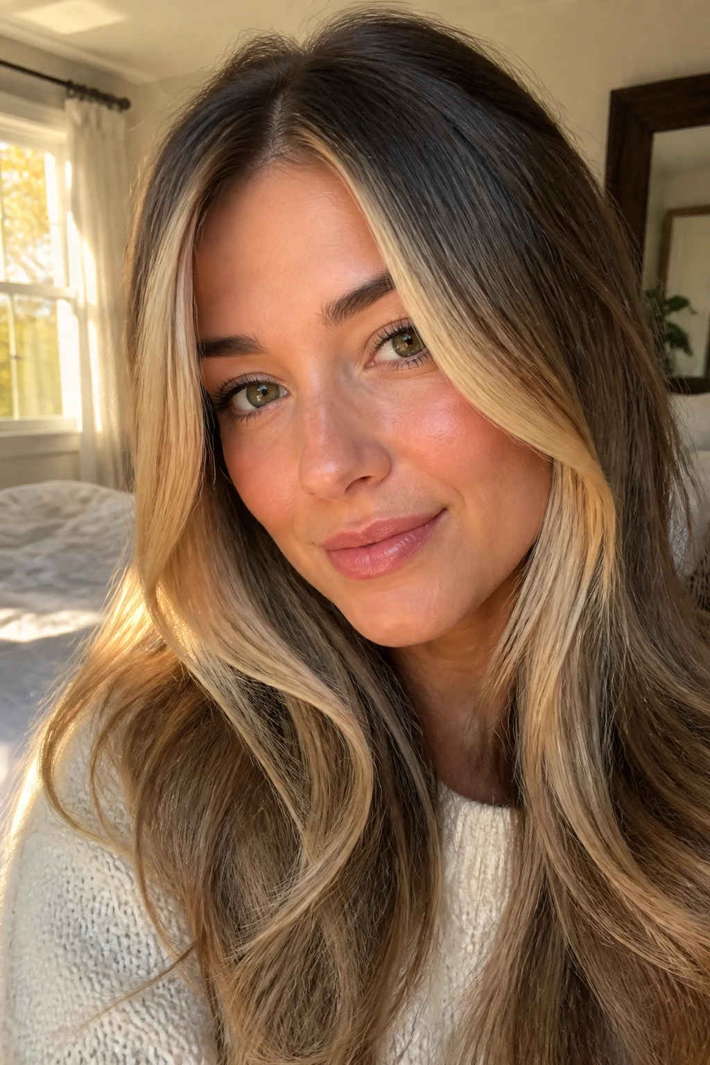 Close-up of a real woman with honey blonde money pieces framing her face