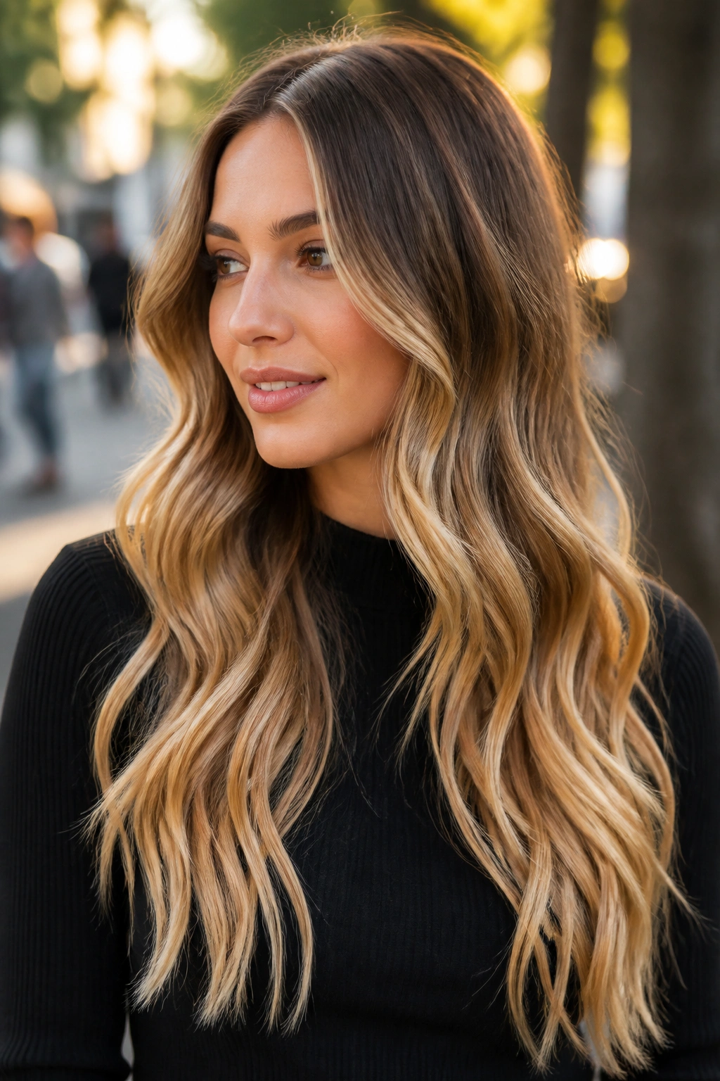 Real woman with long waves in honey-blonde ombré from roots to ends