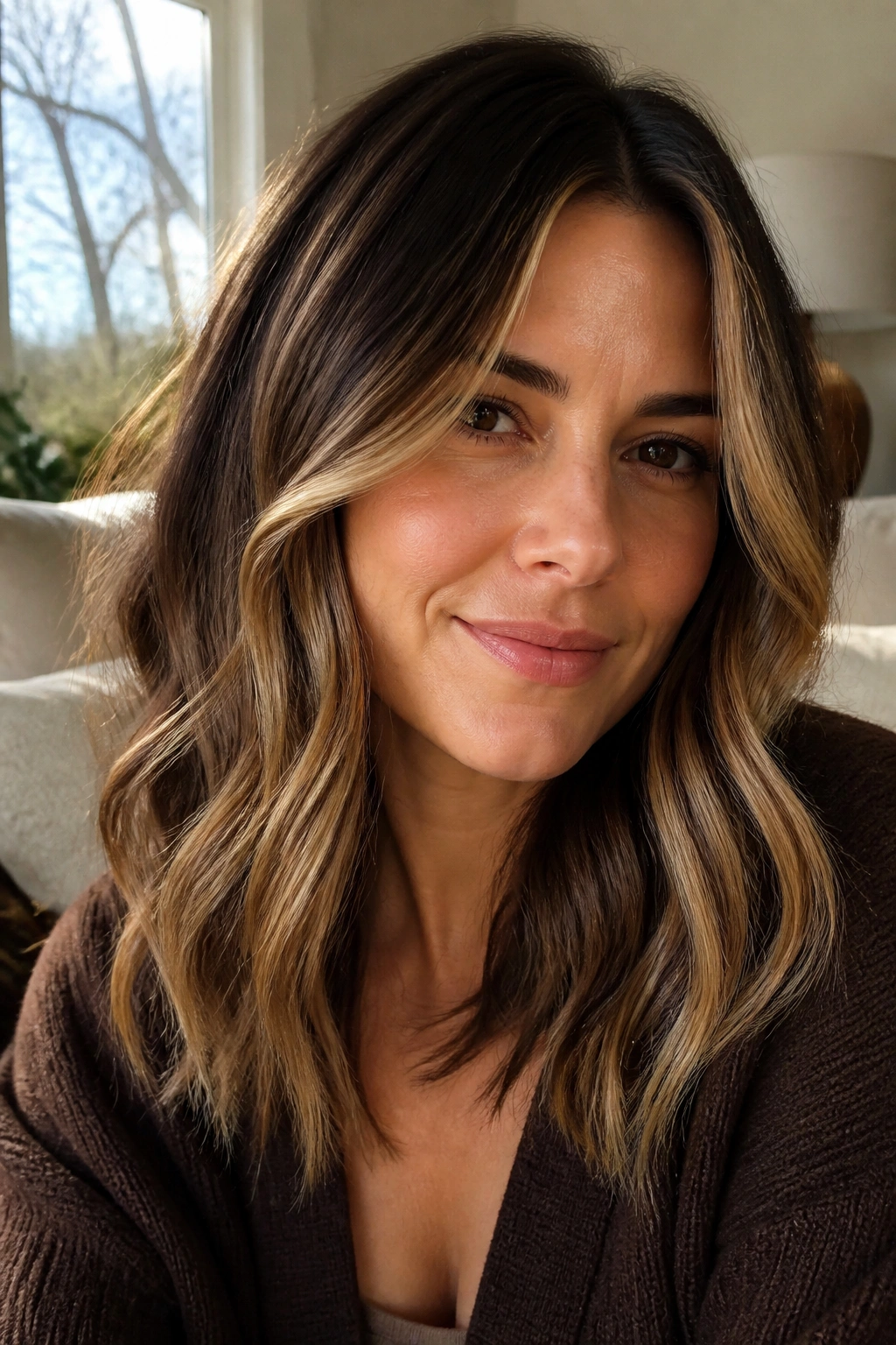 Close-up portrait of a real woman with honey blonde panels on chocolate brown hair