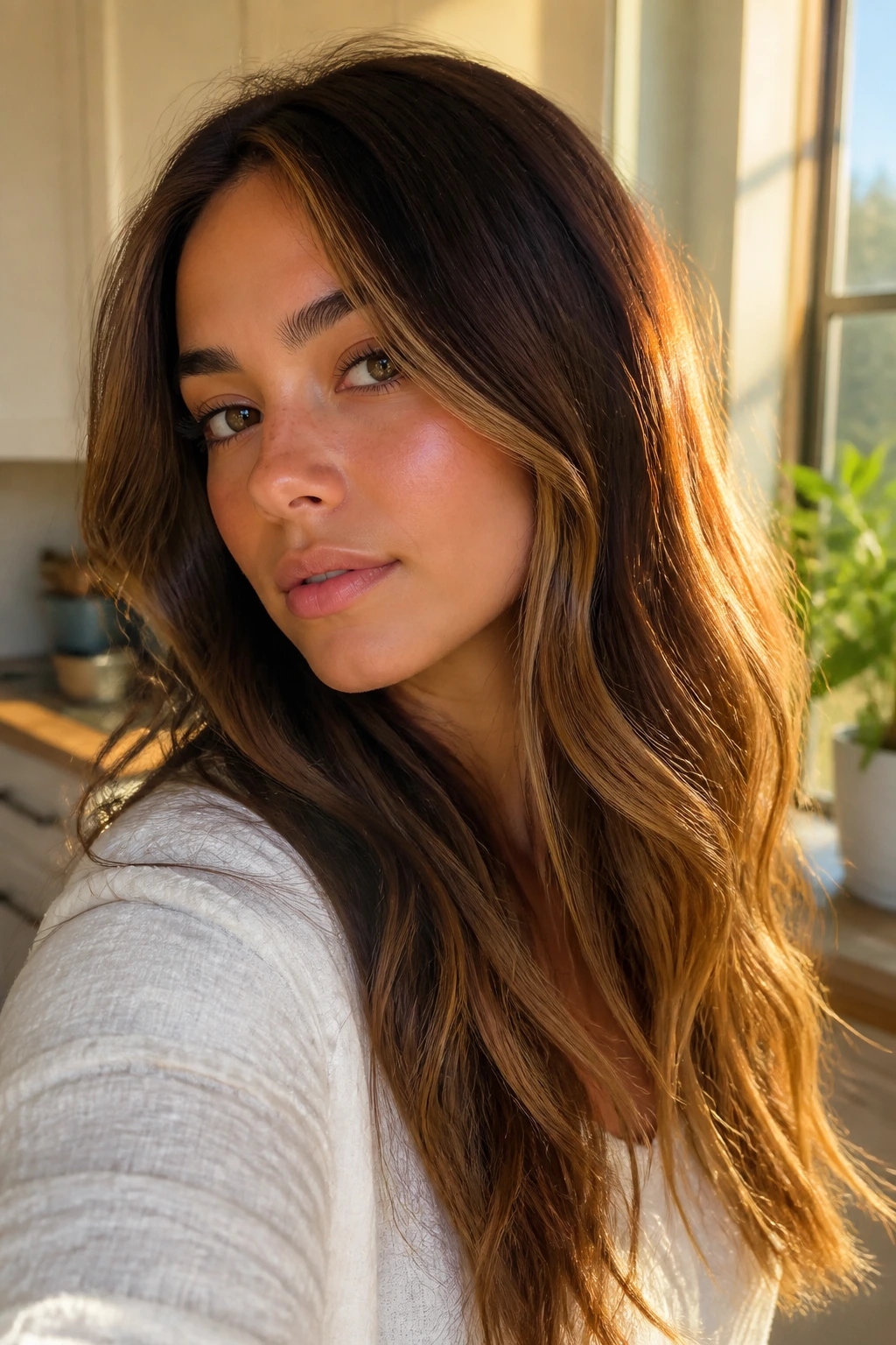 Close-up portrait of a real woman with honey blonde peekaboo under brown hair in warm sunlight