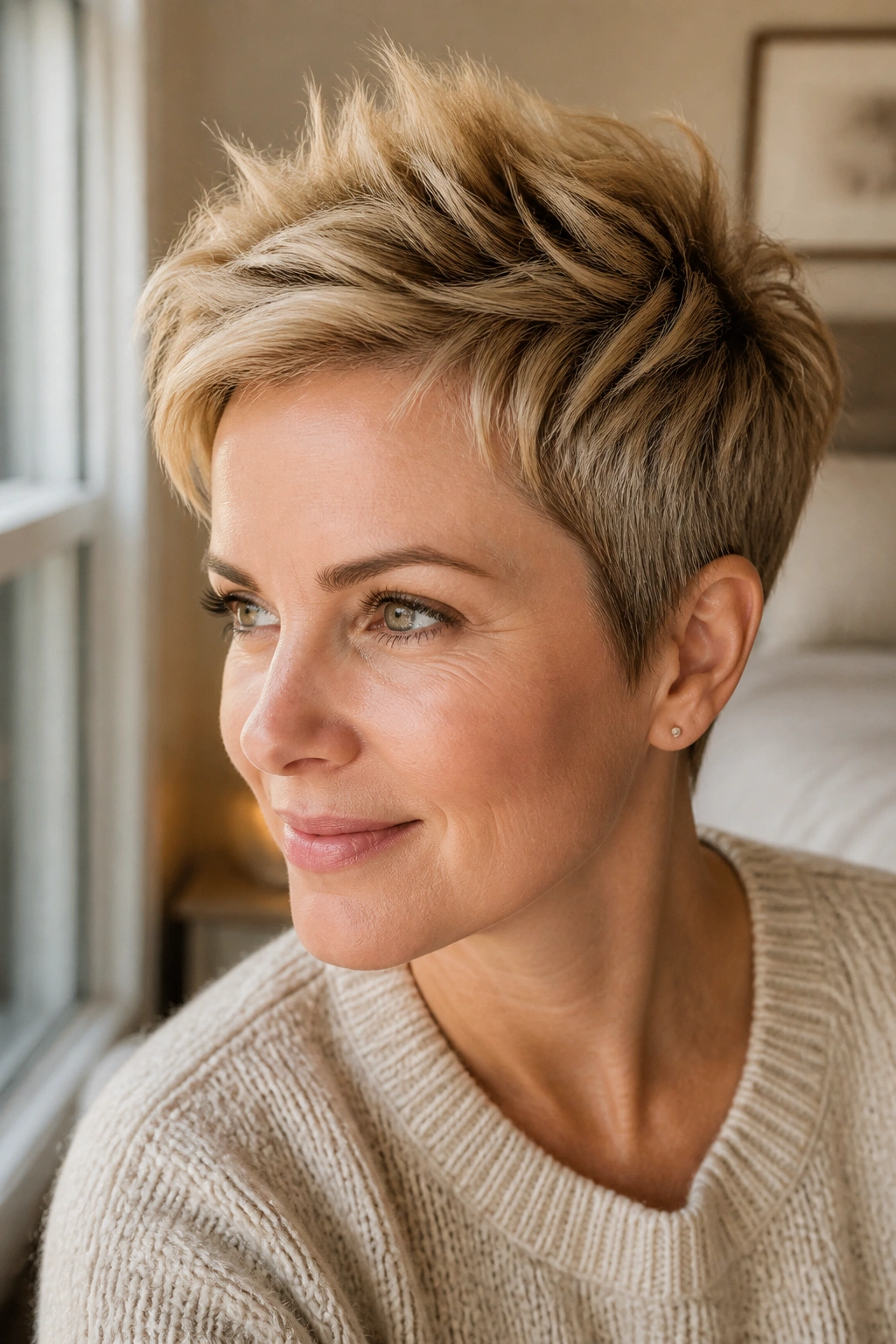 Real woman with honey blonde pixie cut featuring a textured crown