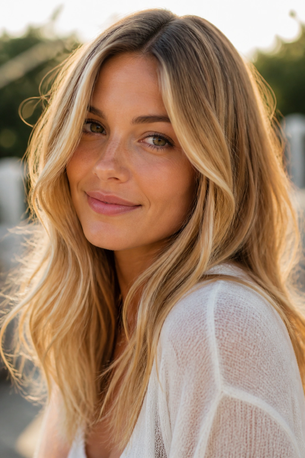 Close-up of a real woman with honey blonde hair glowing in golden hour light outdoors