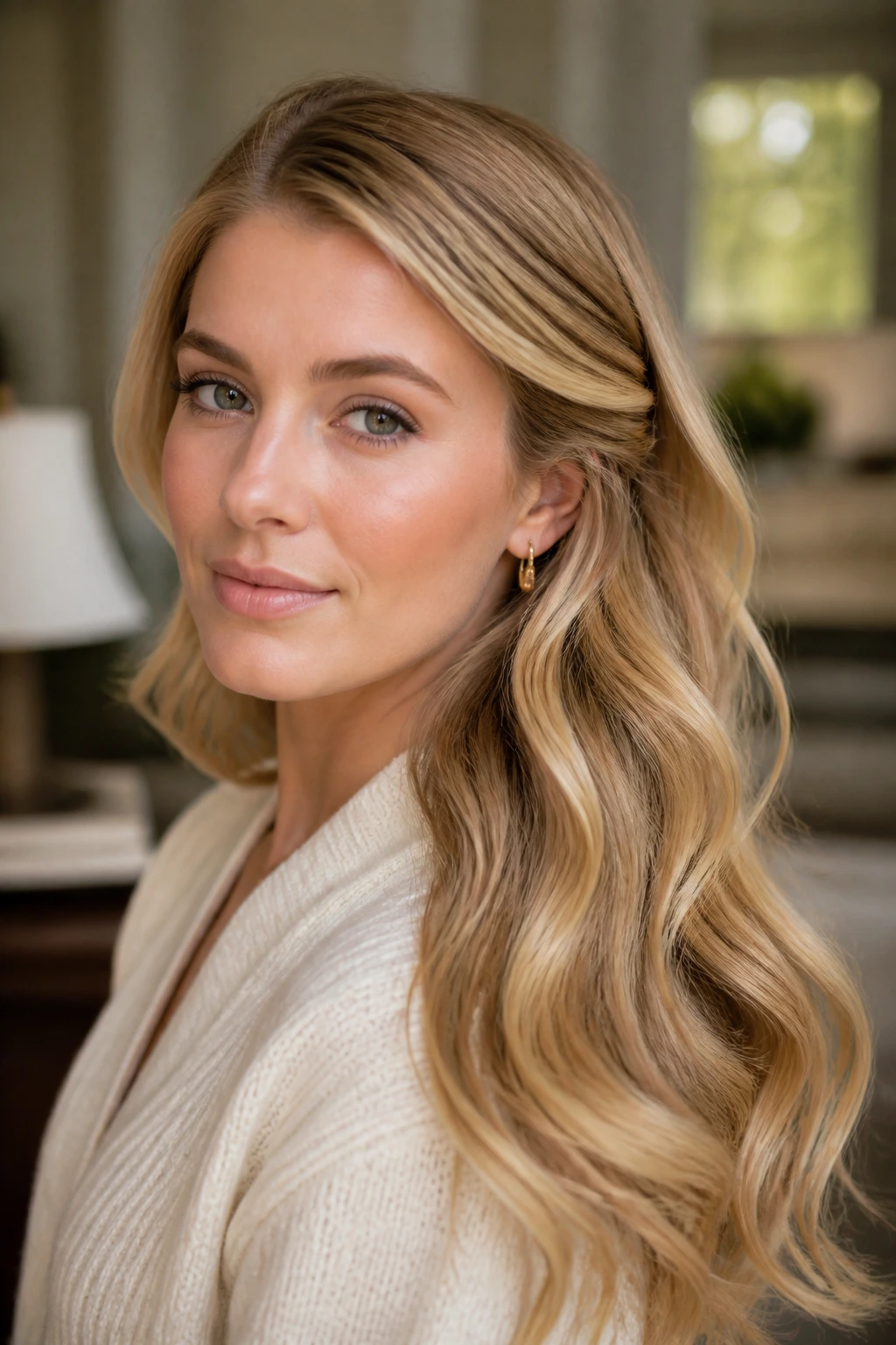Close-up of a real woman with honey blonde ribbon waves and color ribbons through the mid-lengths.