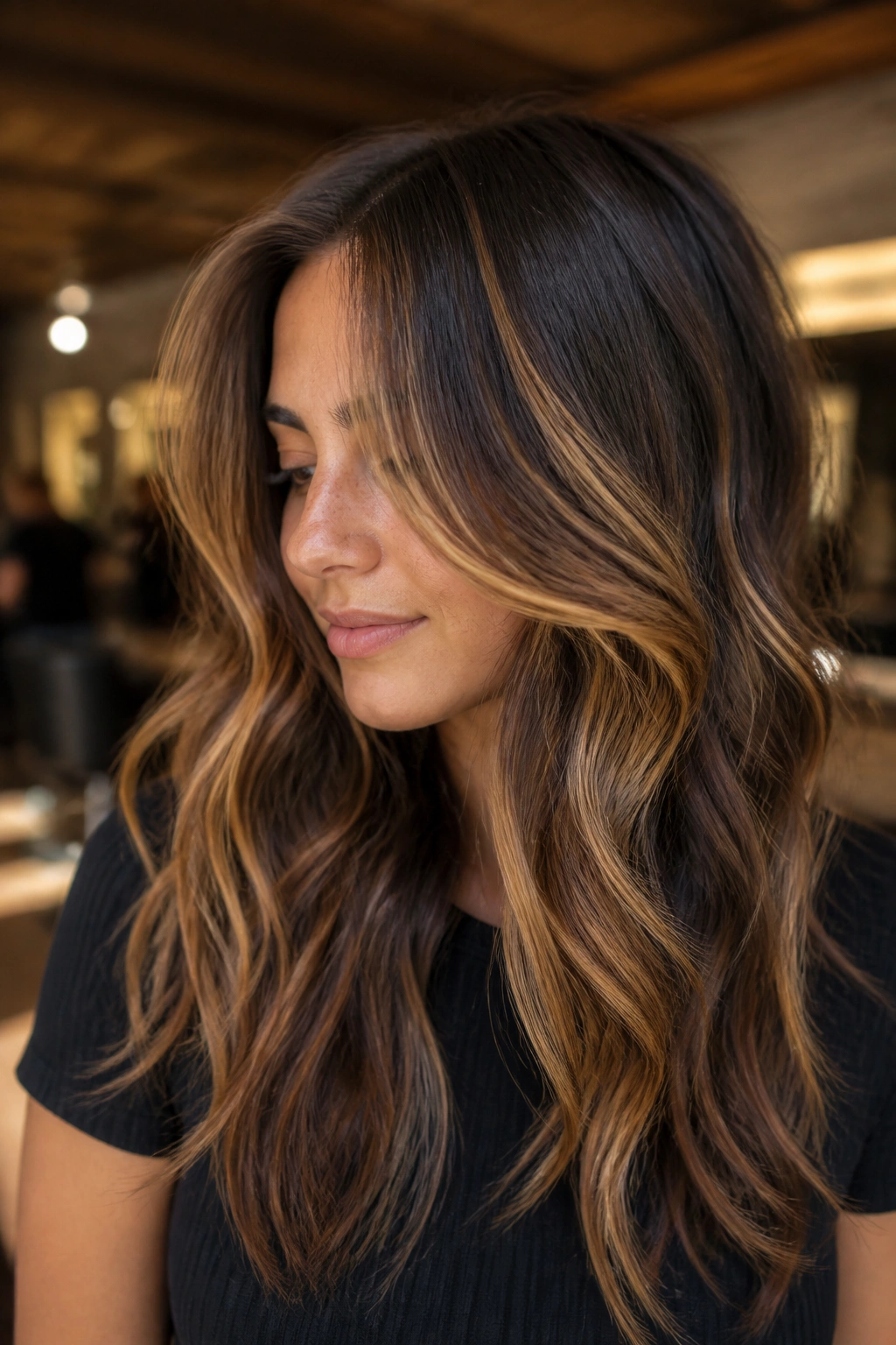 Close-up of dark brown hair with honey blonde ribbons in a layered cut, warm lighting