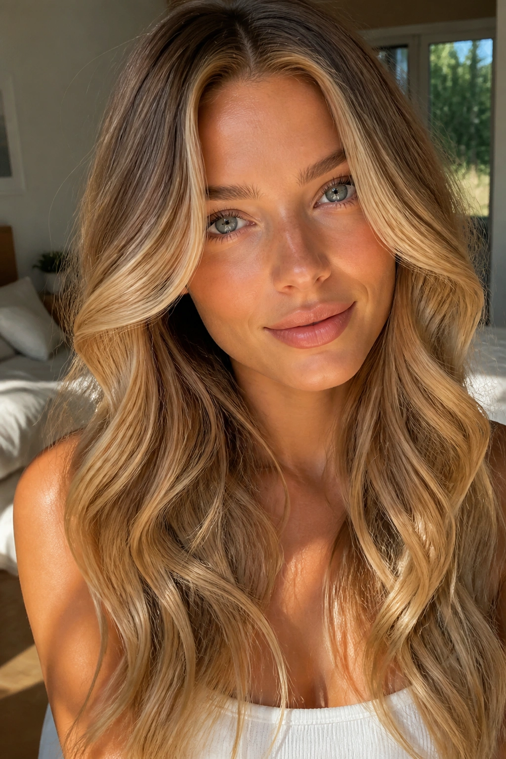 Close-up of a real woman with honey blonde ribbons in long waves