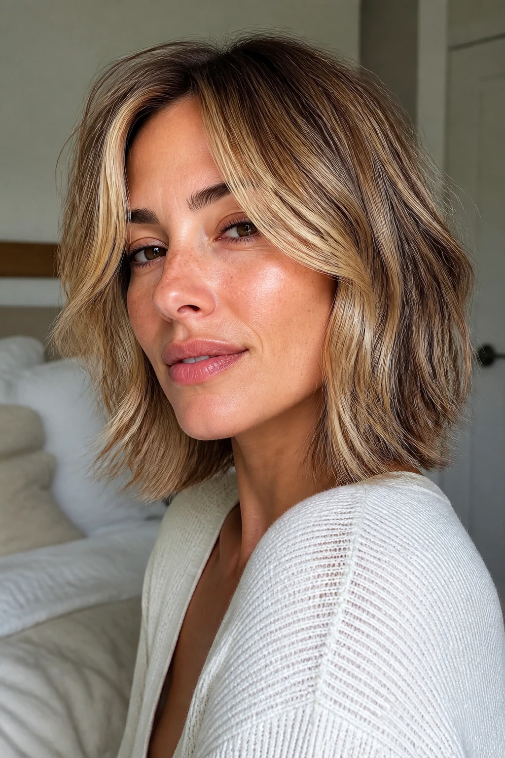 Honey blonde money piece on layered shag bob on real person