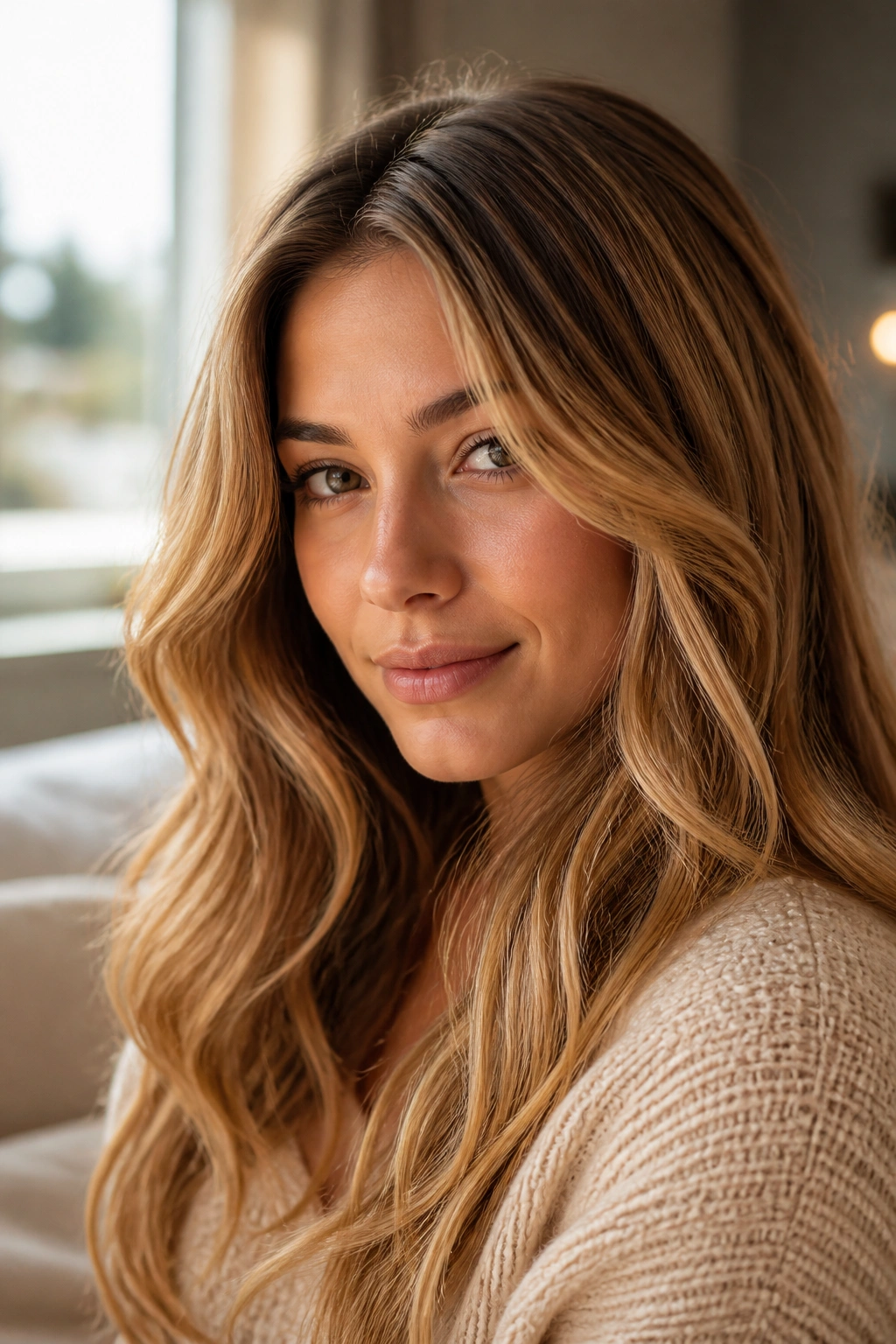 Close-up portrait of a real person with honey blonde hair and warm amber highlights
