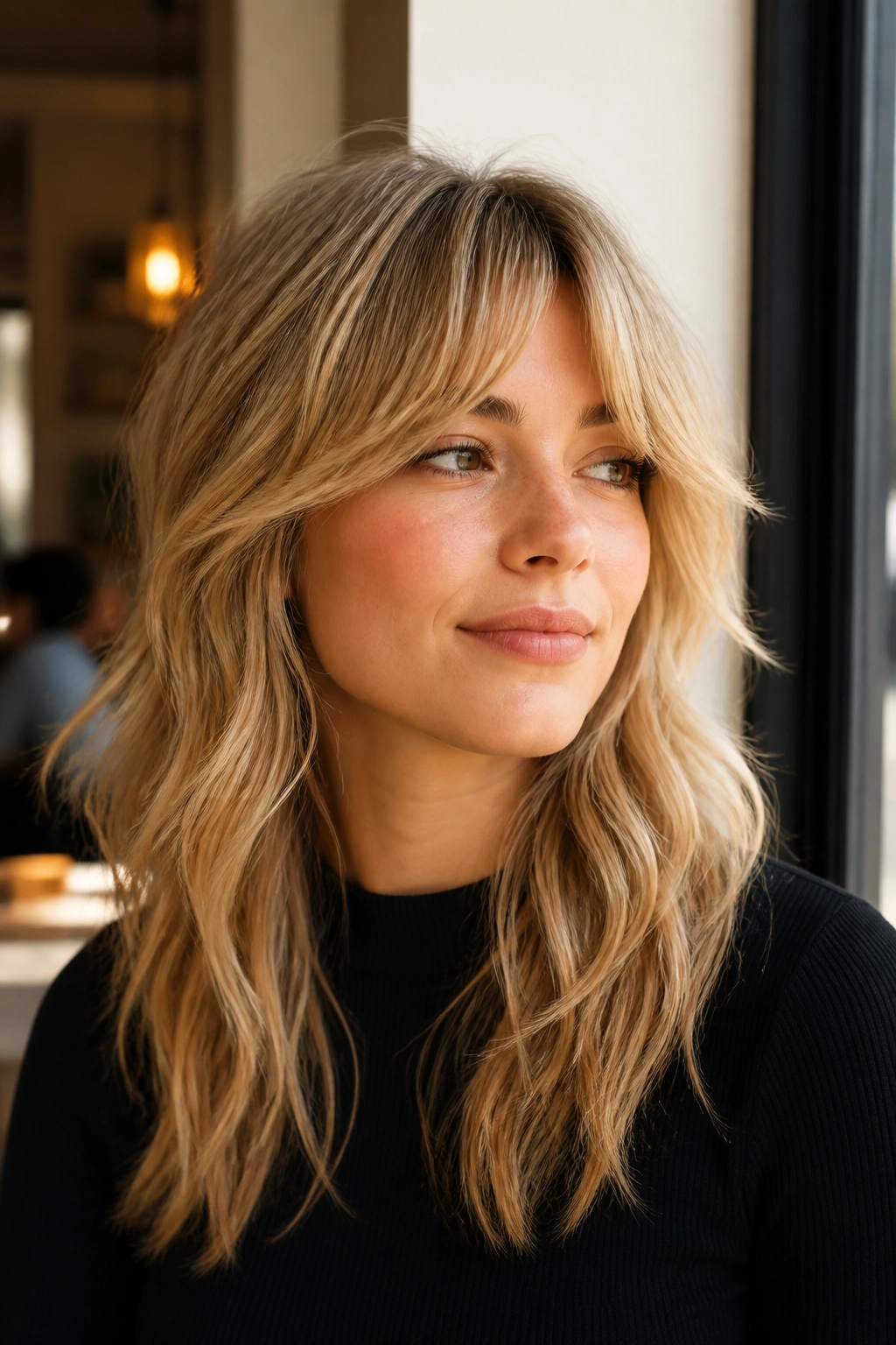 Close-up portrait of a real woman with honey blonde wolf cut and curtain bangs.