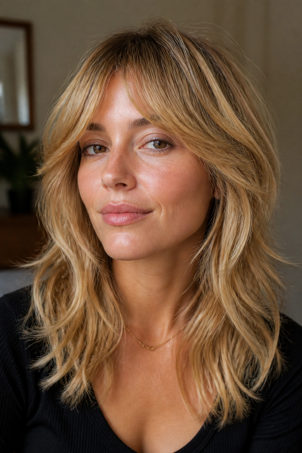 Close-up portrait of a real person with honey blonde wolf cut and soft curtain bangs