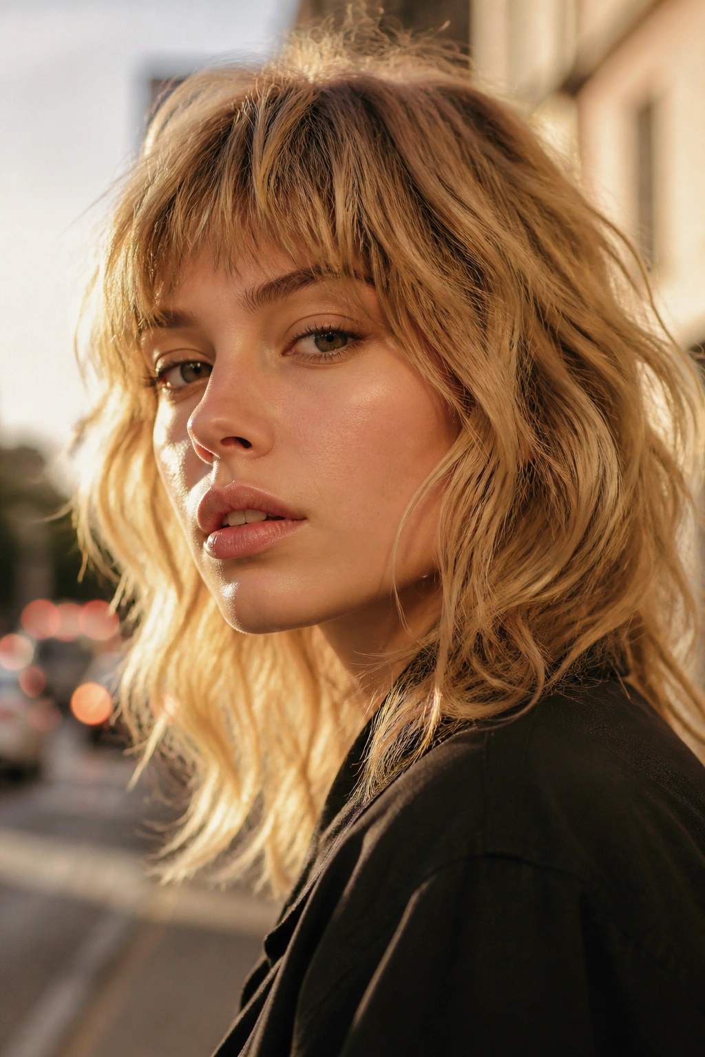 Close-up of a woman with honey blonde wolf cut and choppy fringe in golden hour light