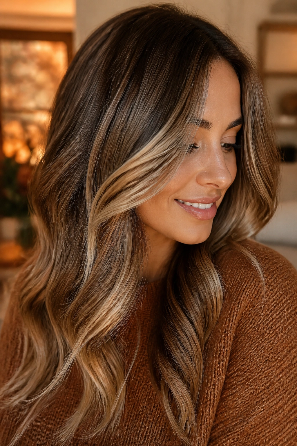 Close-up of a real woman with honey bronde balayage sweeping around the face in warm fall light