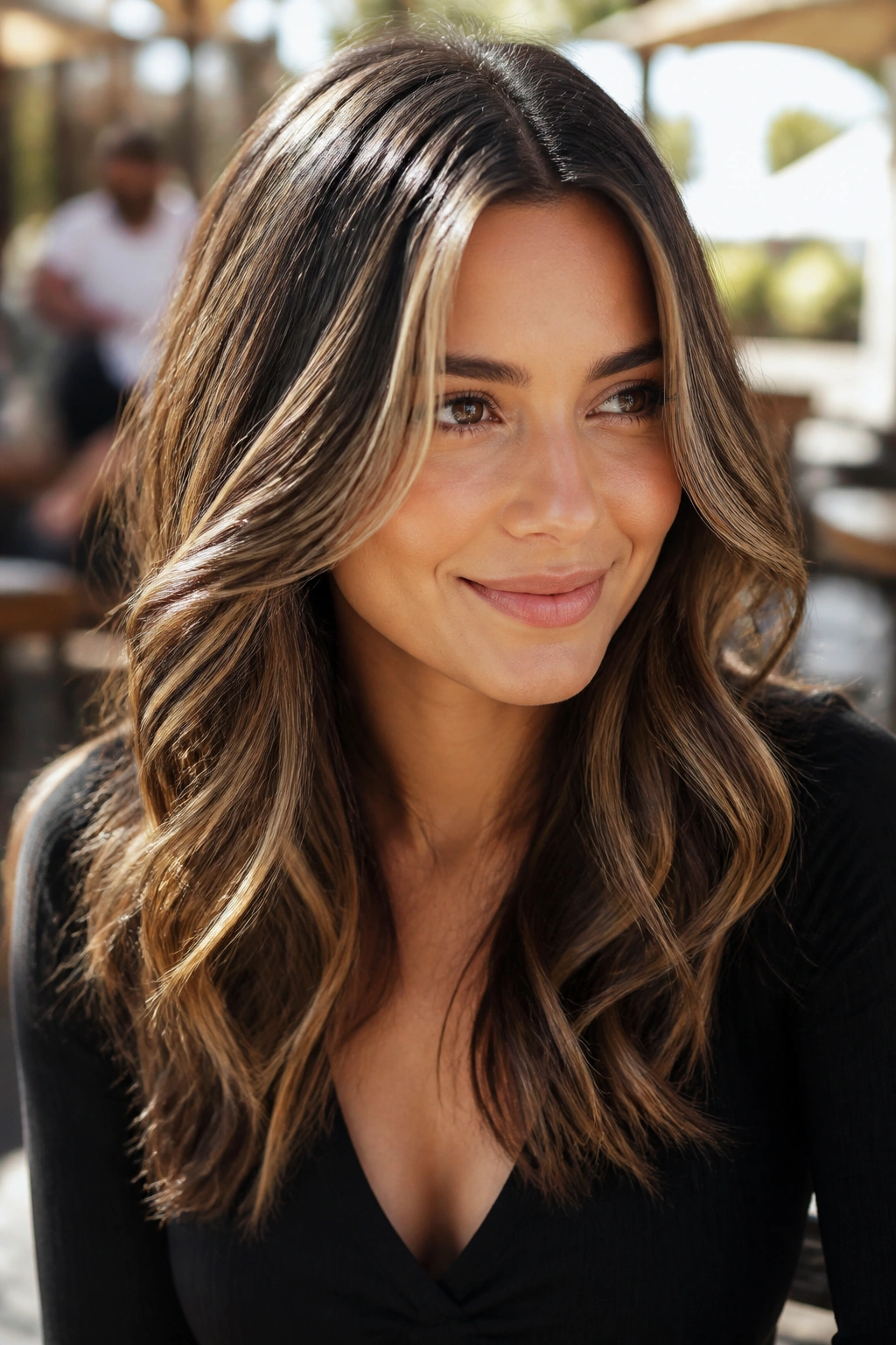 Dark brunette base with honey bronde highlights outdoors