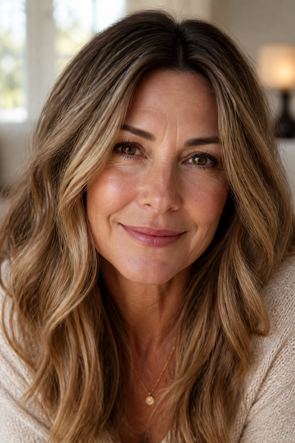 Close-up portrait of a woman with honey bronde hair and brunette roots